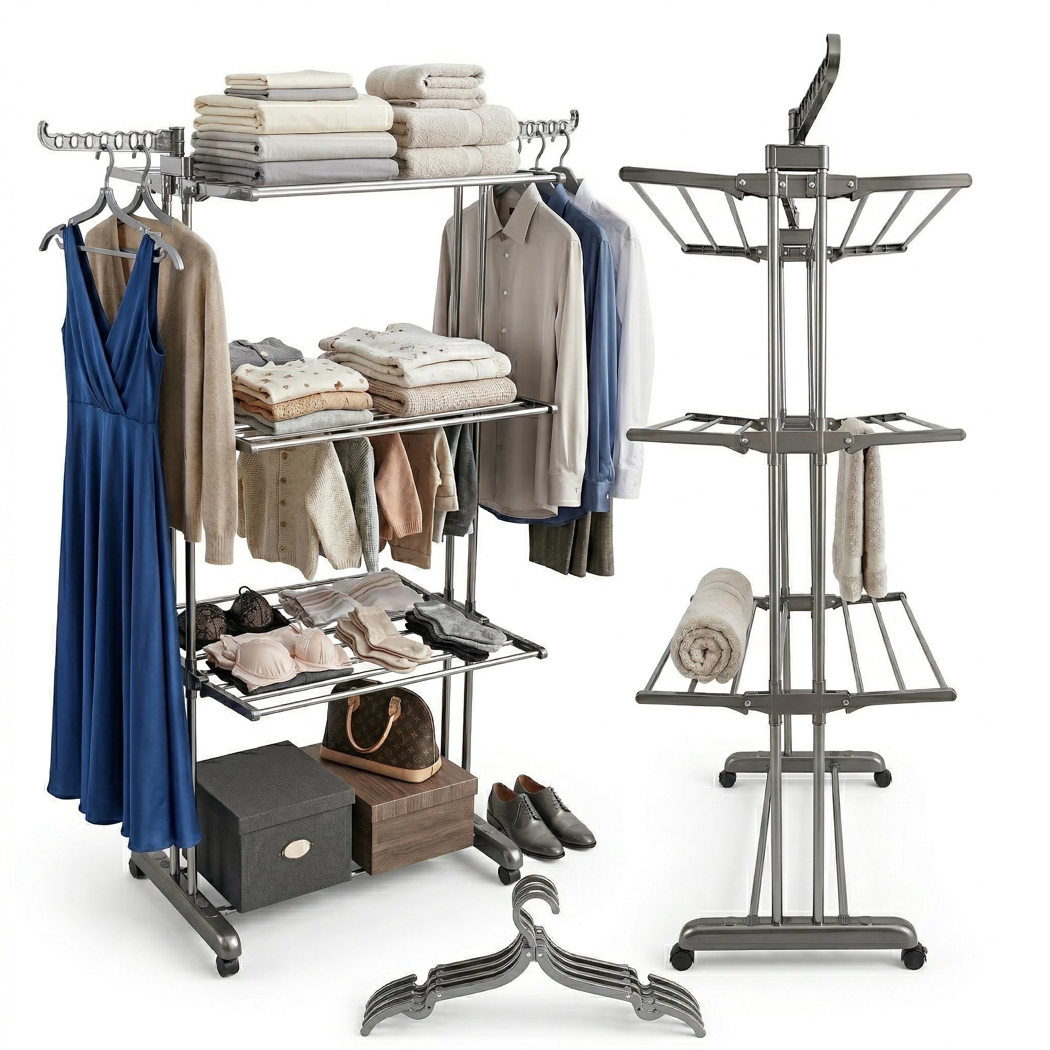 CAMBURVERDON® Tendedero Vertical Plegable de Ropa Tipo Torre | Set único con 10 perchas plegables. Acero inox interior/exterior, soporta 50kg. Soportes laterales y movilidad 360º.