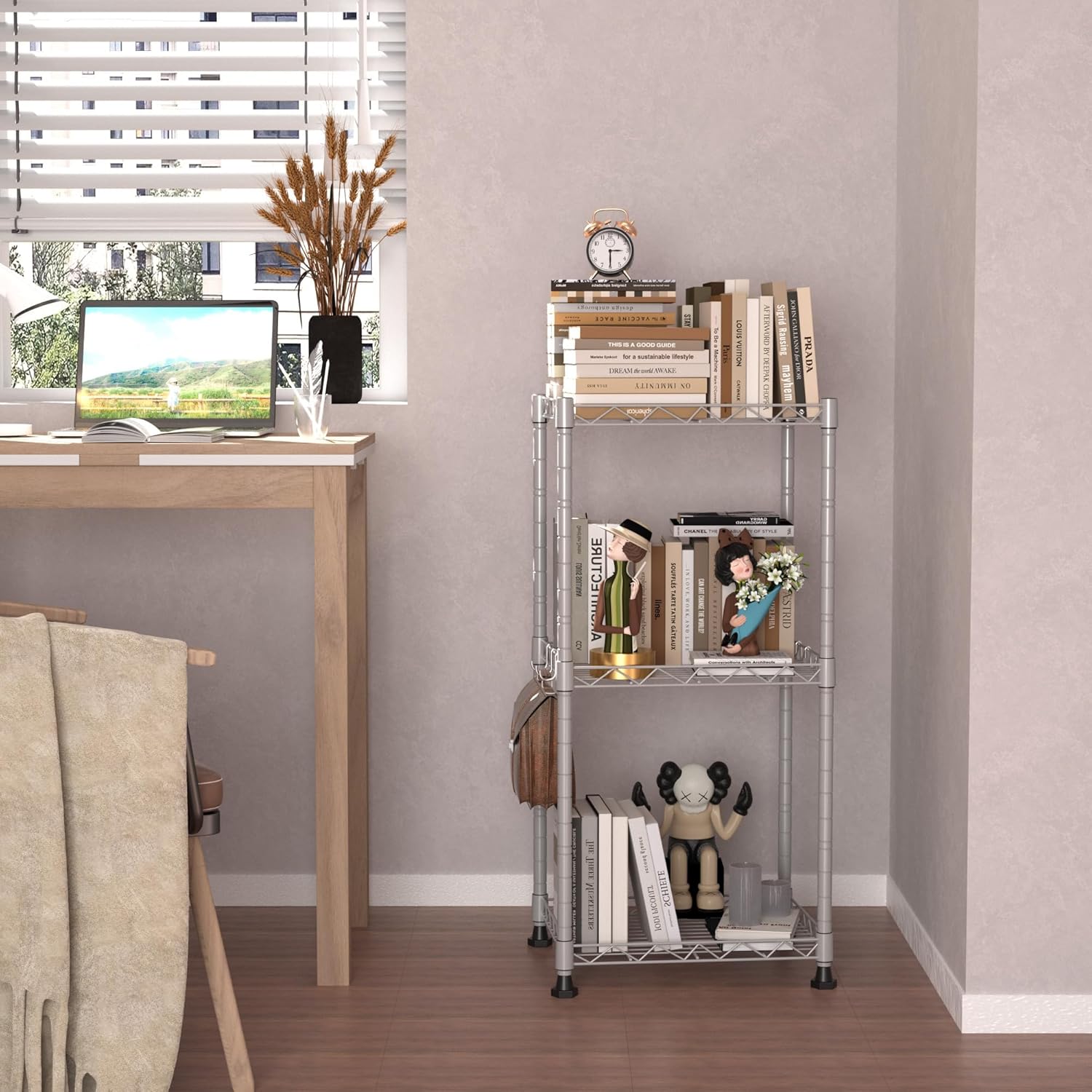 YOHKOH 3 Tier Storage Shelves Rack,16.6L x 11.5W x 32.5H Adjustable Metal Shelf Units,Steel Storage Wire Shelving,Closet,Kitchen,Home,Office with 5 Hooks Silver Silver 16.6L x 11.5W x 32.5H