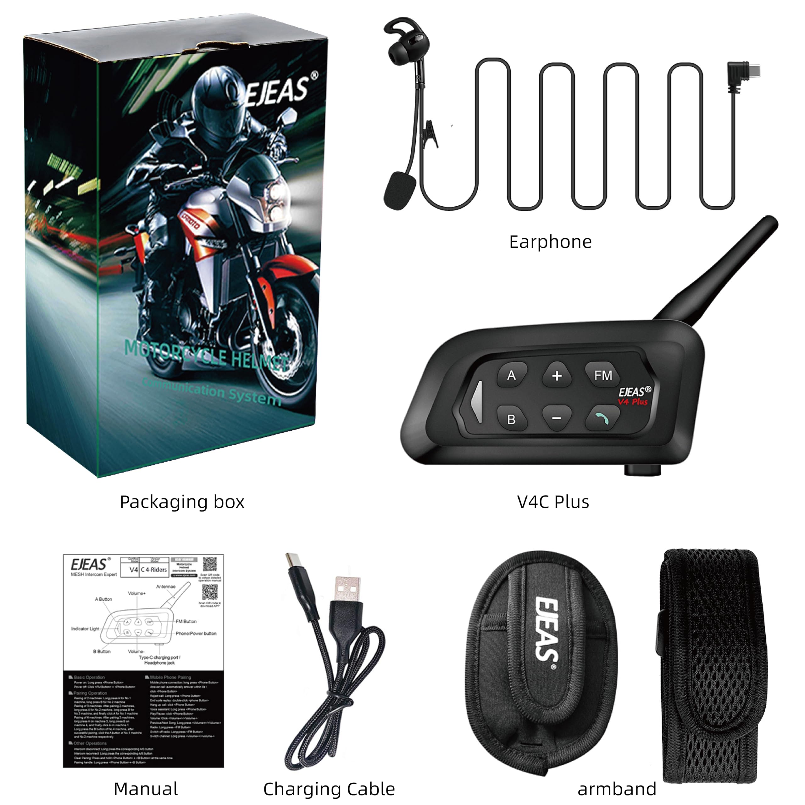 EJEAS V4C Plus - Cuffie interfono Bluetooth con radio FM e riduzione del rumore CVC, per 4 arbitri, interfono (1 pezzo)