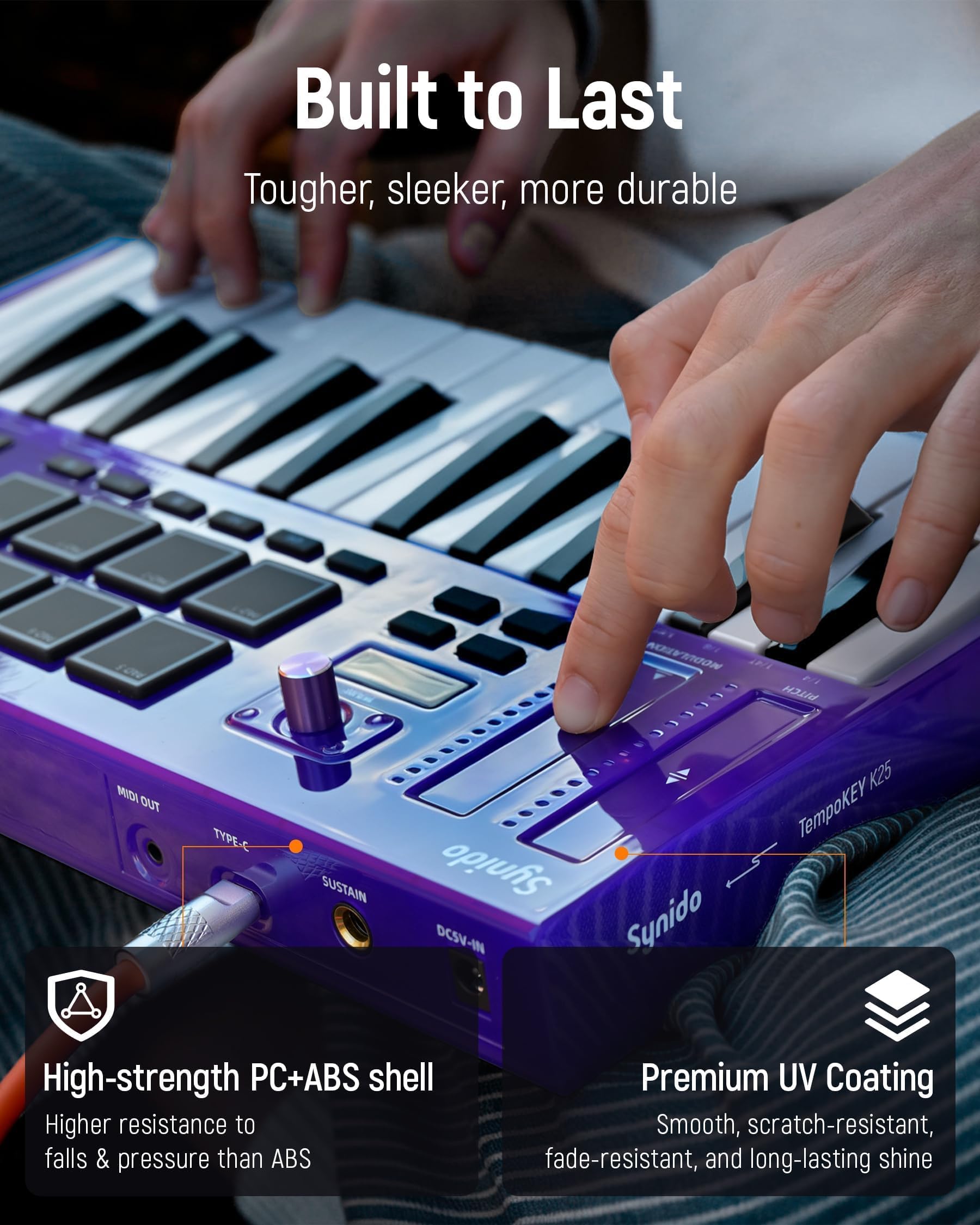 Synido Controlador de teclado MIDI Beat Maker, teclado MIDI de 25 teclas con almohadillas de batería, bolsa de transporte, pantalla OLED, teclado MIDI TempoKEY K25 USB-C con almohadilla de ritmo para