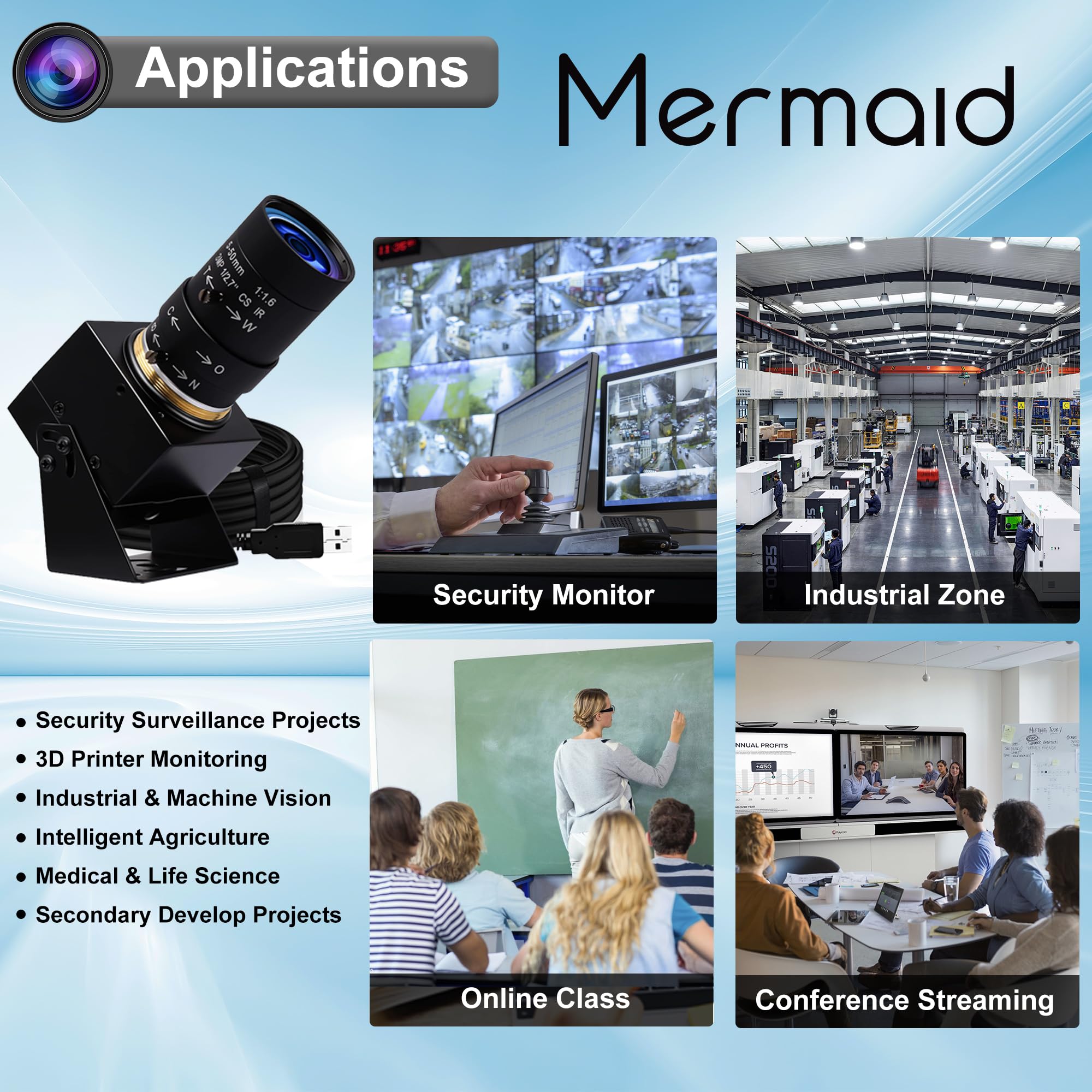 Mermaid Camera USB 4K Manual Zoom Webcam 5-50mm CS Mount Variable Lens PC Camera UVC Computer Camera 8MP Industrial Camera IMX415 USB2.0 Web Cam
