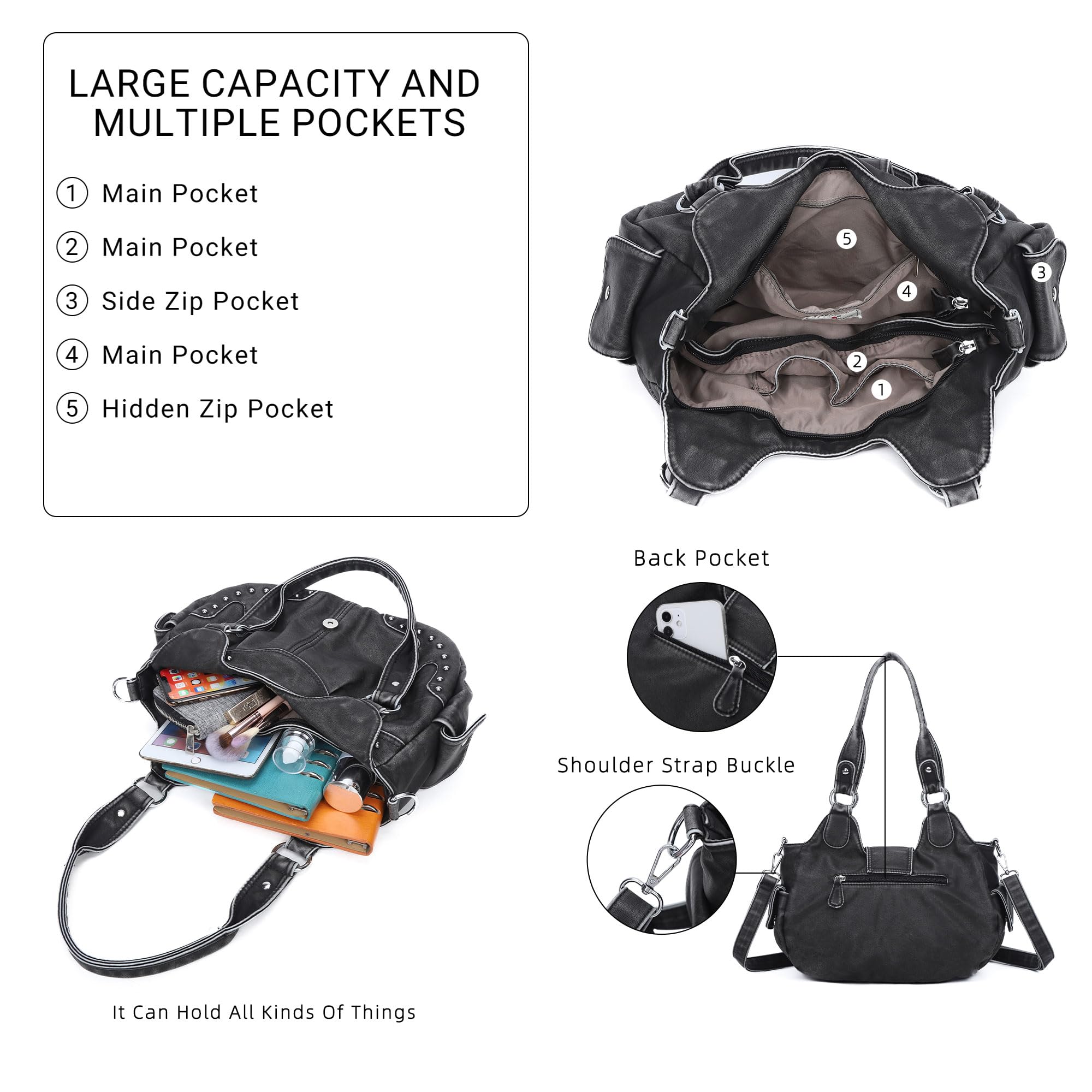 Angel Kiss Torby hobo dla kobiet wegańskie skórzane torebki i torebki damskie eleganckie torby na ramię torebki crossbody z metalowymi ćwiekami