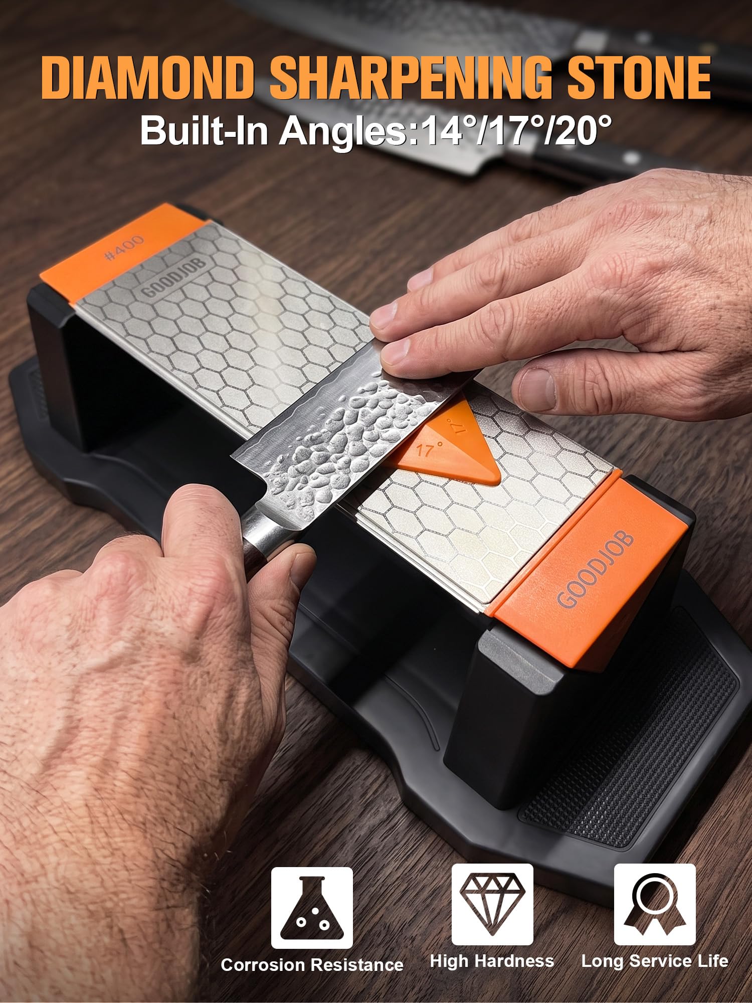 Goodjob Affilacoltelli diamantato a 3 lati, grana 400/1000/8000, affilacoltelli industriale in ceramica e diamante, adatto per acciaio di qualsiasi durezza, con guida angolare e base antiscivolo