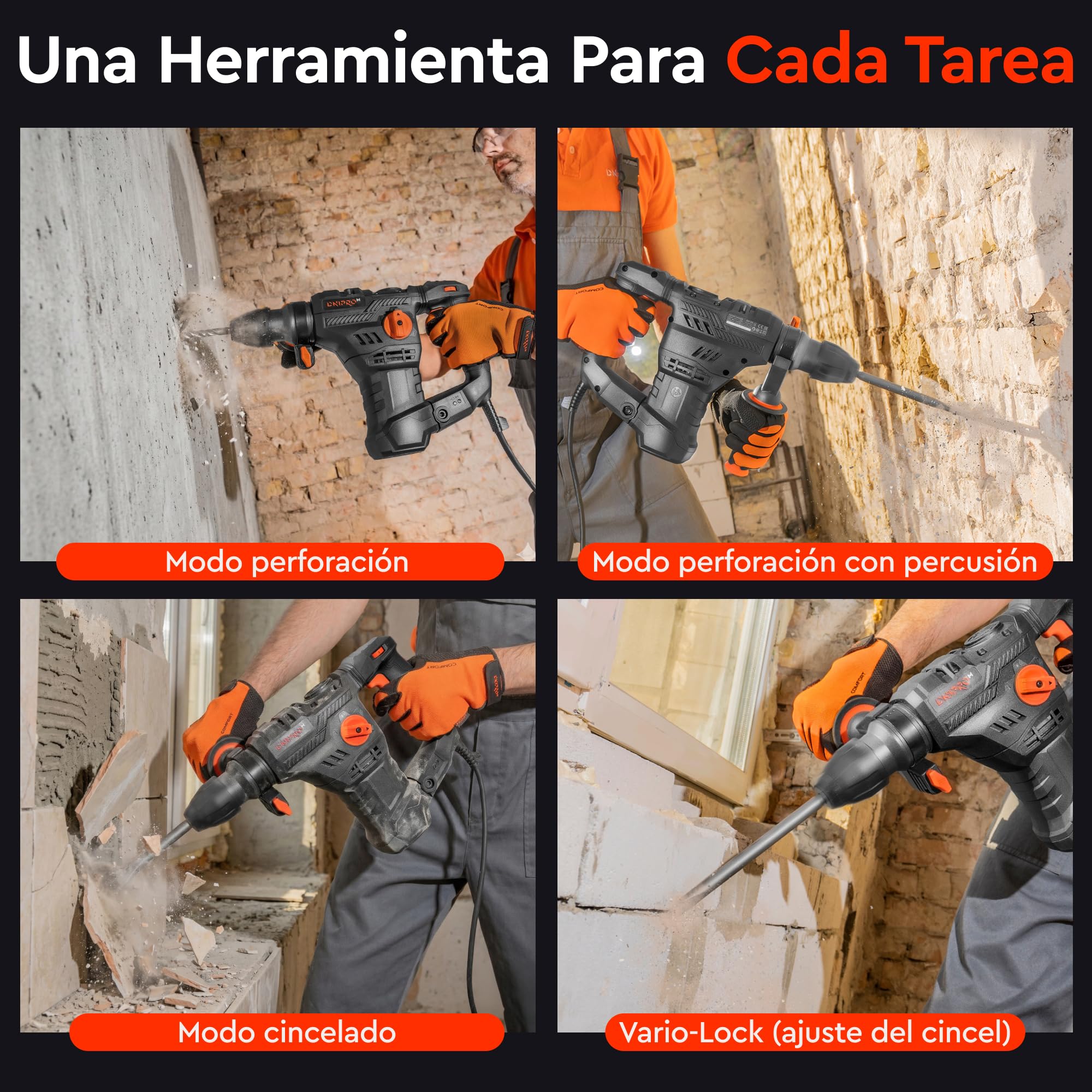 Martillo Perforador SDS Plus 1650W 5,5J, Taladro Percutor Profesional 4 Modos, Velocidad Variable, Sistema Antivibración, Embrague de Seguridad R-Control, Ø36 mm Hormigón, Cable 4 m, BH-20