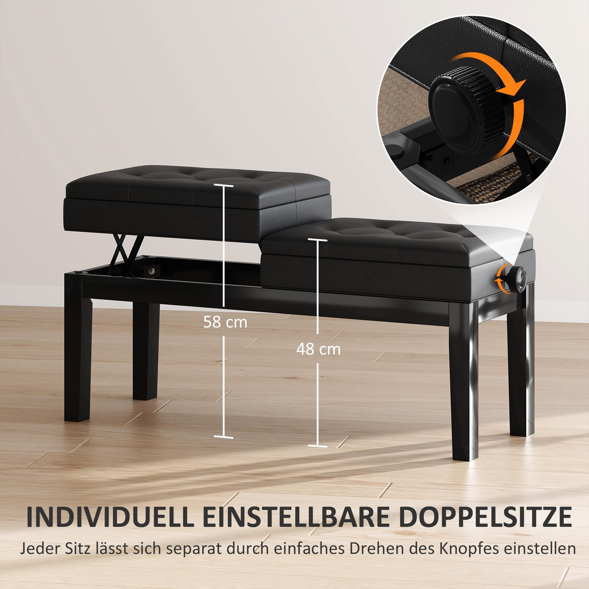 HOMCOM Klavierbank Höhenverstellbar Stauraum 105 x 37 x 48-58 cm Schwarz | Klavierhocker, Pianobank bis 220 KG Belastbar, Kunstleder