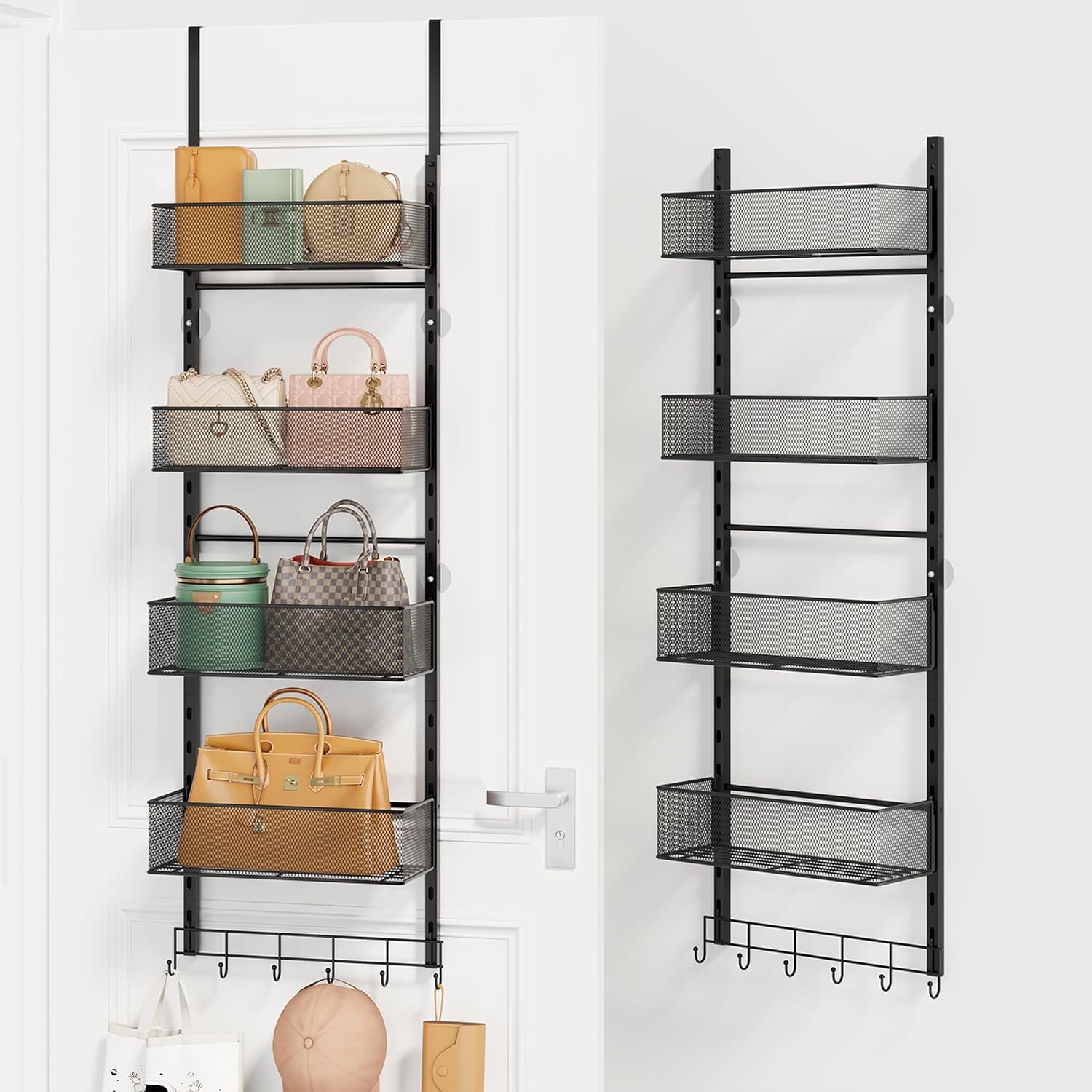 SWTYMIKI Over The Door Purse Organizer - Wall Mounted Purse Rack with 4 Adjustable Metal Basket and 6 Hooks, Hanging Bag Rack for Handbag Organizer, Bag Storage Can Use As 1/2 Part, for Door, Closet