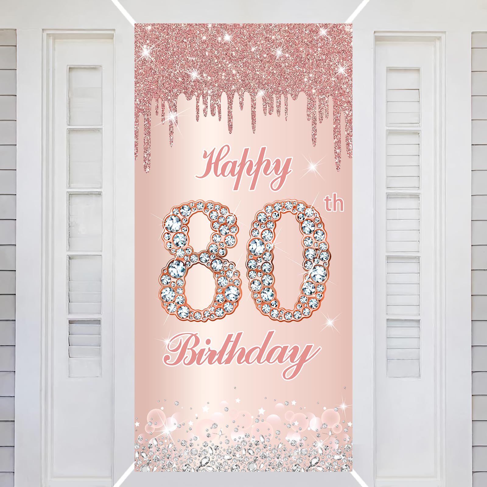 80th Happy Birthday Decorations Door Banner Pink Rose Birthday Banner for Party Backdrop for Women Door Cover Party Decoration Supplies Poster
