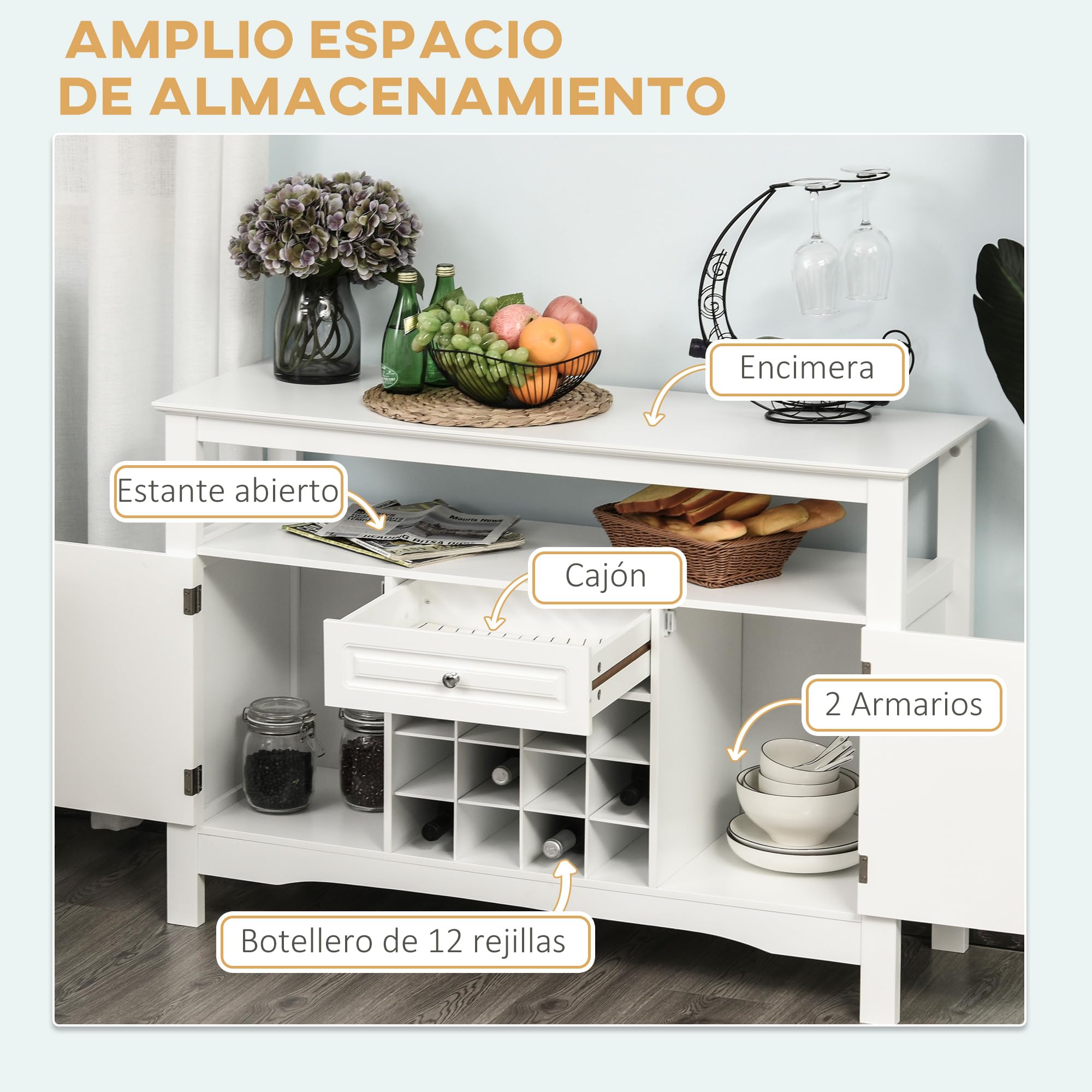 HOMCOM Aparador de Cocina con 1 Cajón 2 Puertas 116,5x40x82,5 cm Blanco | Mueble Buffet Auxiliar, 1 Estante Abierto, Botellero para 12 Botellas, Armario de Almacenamiento para Salón, Bar