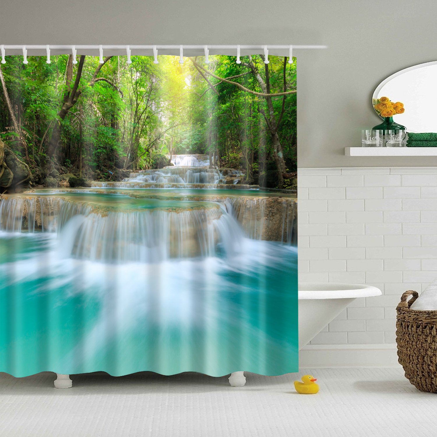 StoneMaxi Waterproof 180 x 180 Polyester Bathroom Shower Curtain Print Fabric With 12 Hooks, Multiple Designs Landscape with Anti-Mould Proof Resistant Machine Washable (Stream-4)