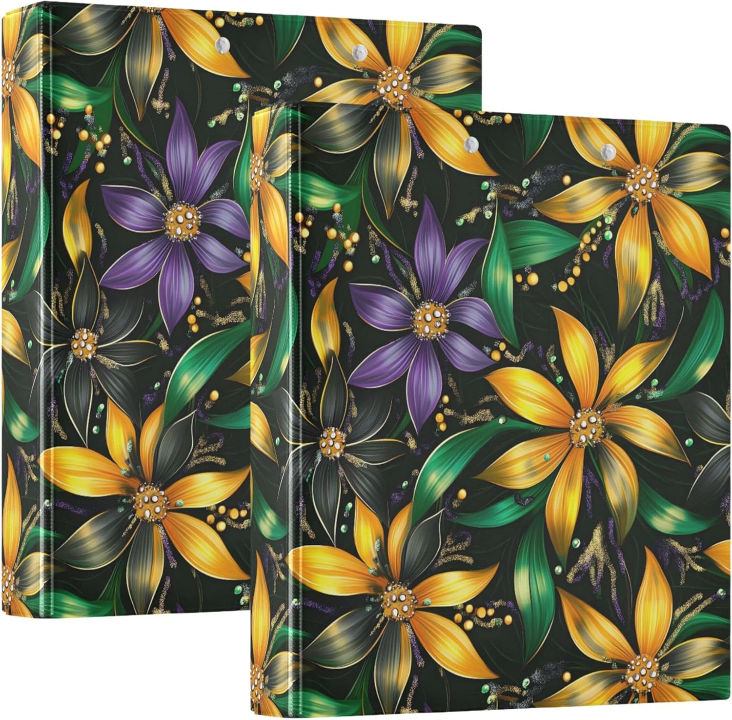 Mardi Gras Flower 3 Ring Binders, 1.5” Round Ring Binders with Clipboard - Letter Size, 3 Interior PVC Clear Pockets & Anti-Slip Clip for Office School Supplies, 2PCS