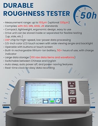 Professional Surface Roughness Meter Digital Surface Gauge Handheld Surface Roughness Tester Meter with 22 Parameters Portable Profilometer for Outer Cylinder, Curved, Pinholes (Model AMT211)
