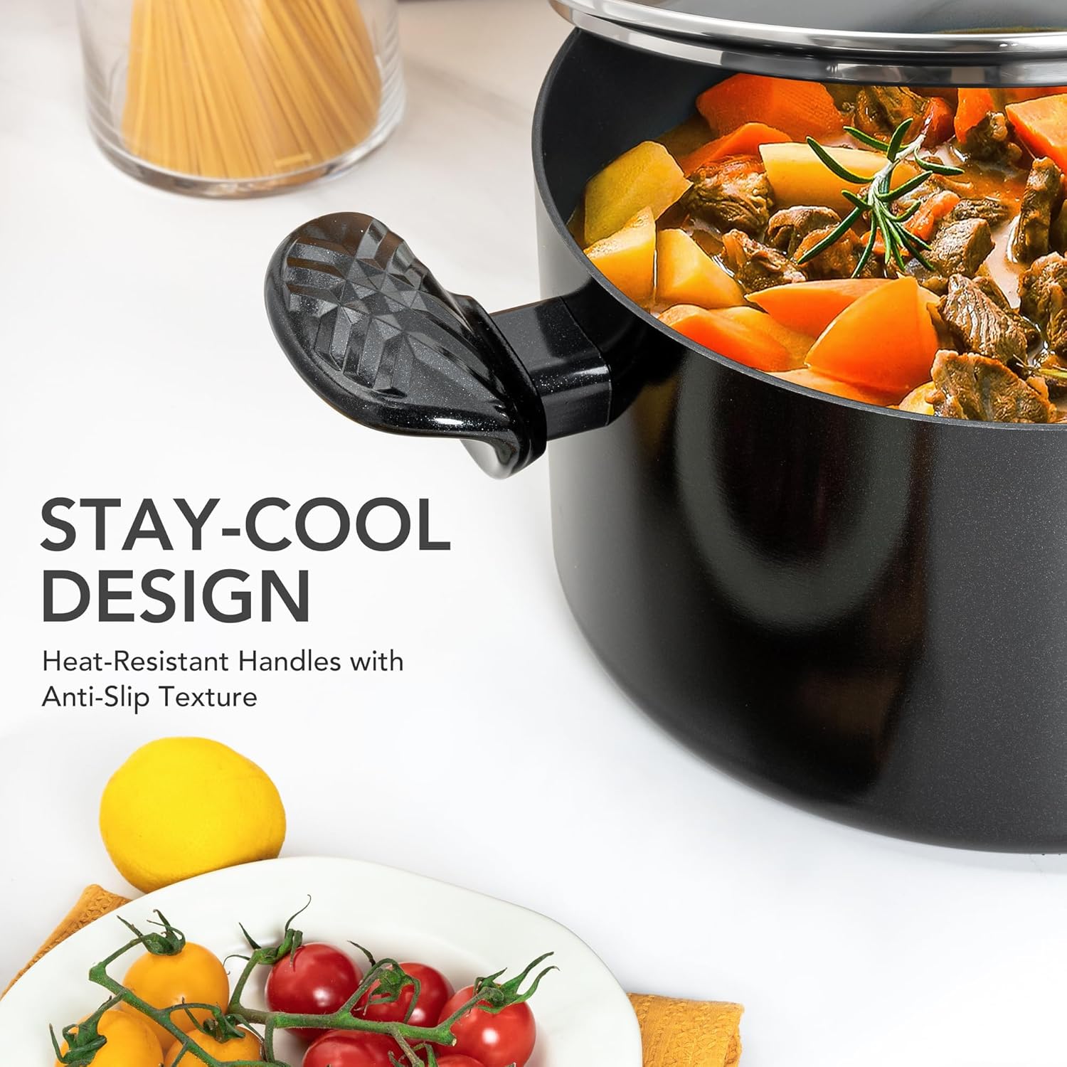 MICHELANGELO Stock Pot with Lid, 6 Quart Soup Pot with Lid, Nonstick Ceramic Cooking Pot with Stay-Cool Handle, Induction Compatible - 6QT, Black - Image 3