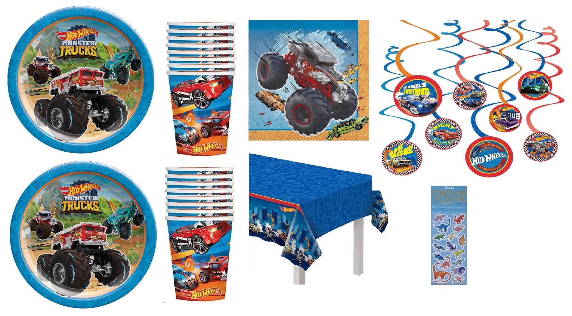Monster Trucks Birthday Party Supplies Bundle includes 16 Paper Plates 9", 16 Napkins, 1 Plastic Table Cover, 16 Cups, 12 Piece Hanging Swirl