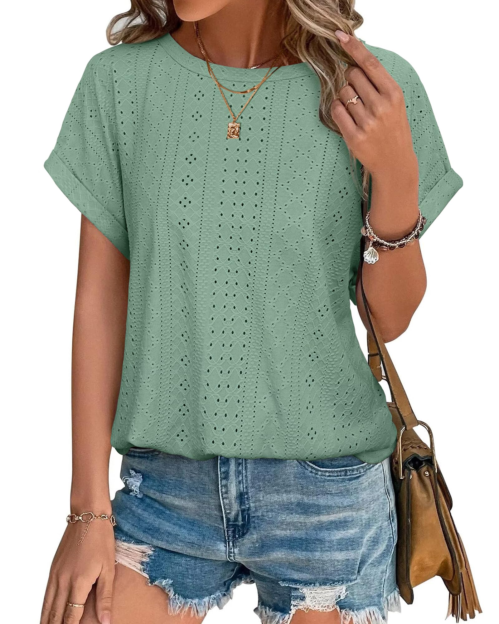 Bodhi talk Damen Bluse Kurzarm Elegant Schick Lochstickerei Lockere Passform Sommer Business Casual Oberteil