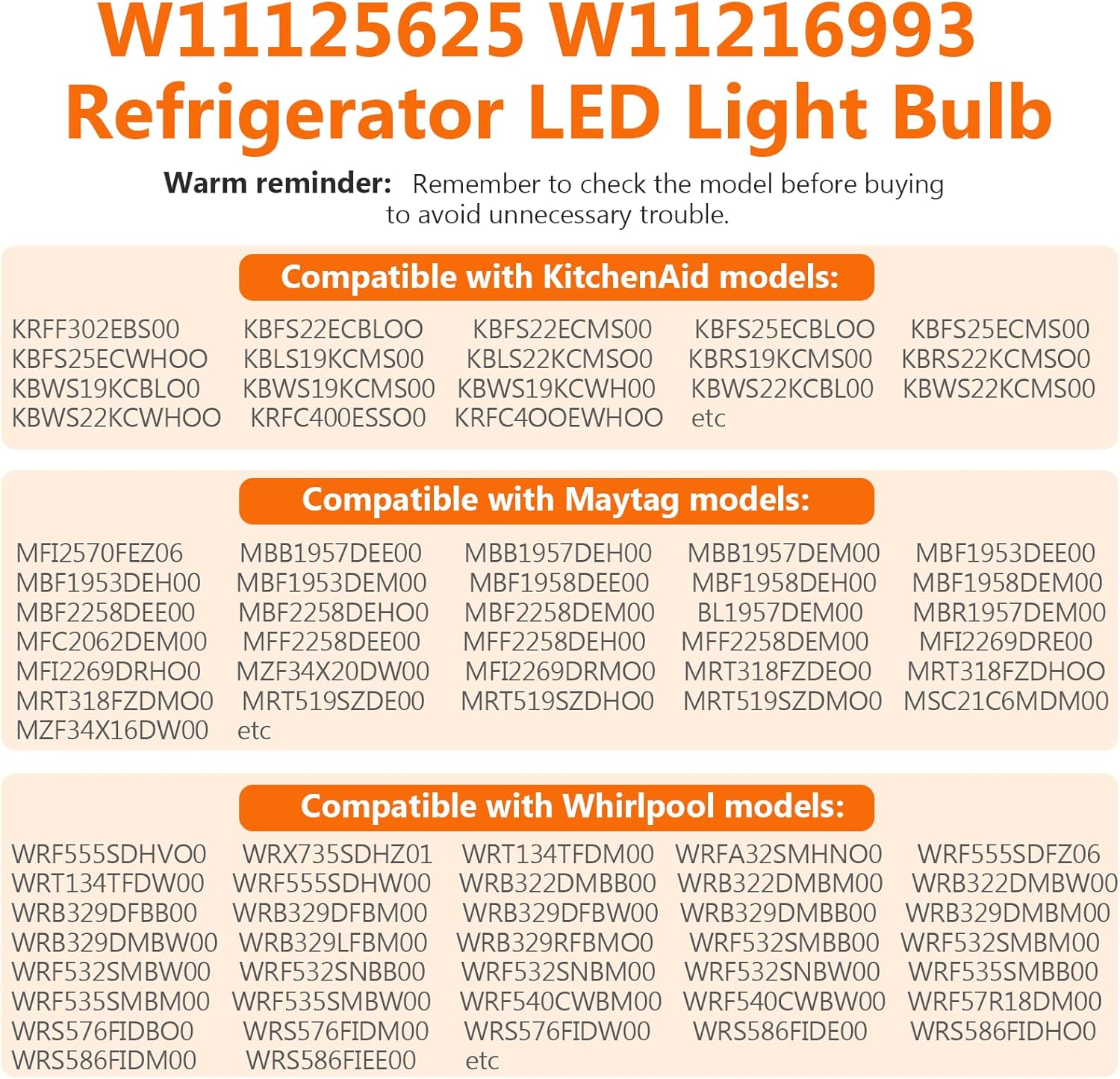 W11216993 W11125625 Refrigerator LED Light Bulb 3.6W 60HZ E27 Base Compatible with Whirlpool Refrigerator Light Bulb AP6329125 4813672, PS12349398, W10820003, W11043014 Light Bulb.White