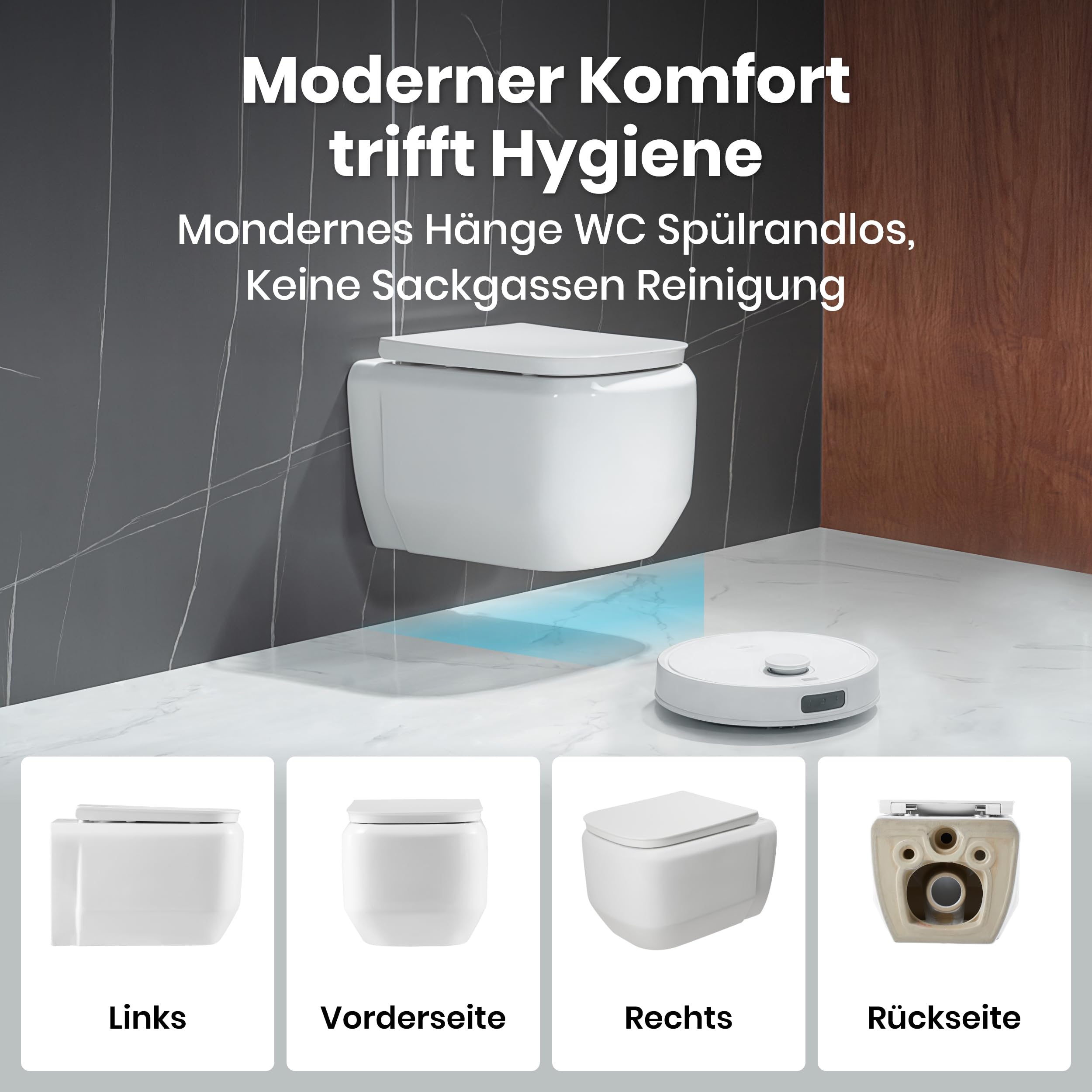 Casta Diva Wand WC, Hänge WC Spülrandlos Kraftvolle Tornado Spülung, Geräuscharm Toilette, UF Kloschüssel inklusive WC-Sitz mit Absenkautomatik und Schnellspanner, 51cm (Weiß)