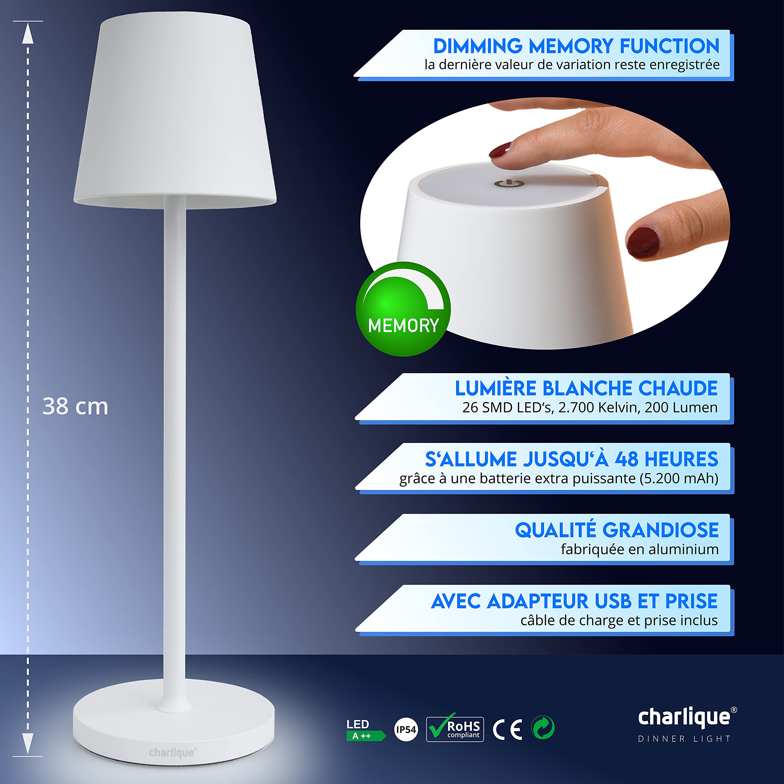 Lampe de table LED sans fil rechargeable dimmable blanc double pack avec USB batterie puissante portable intérieur extérieur