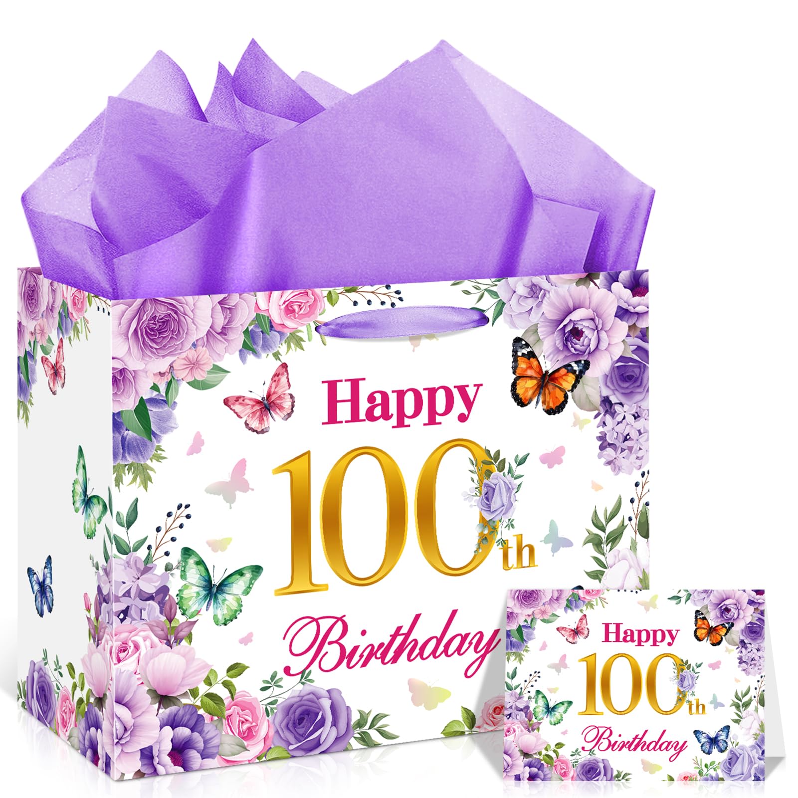Happy 100th Birthday Gift Bag with Wrapping Paper and Card, Purple Floral 100th Birthday Gift Bag 100 Year Old Wrapping Bag for Women Mom Grandma Hundredth Birthday Party Favors Supplies