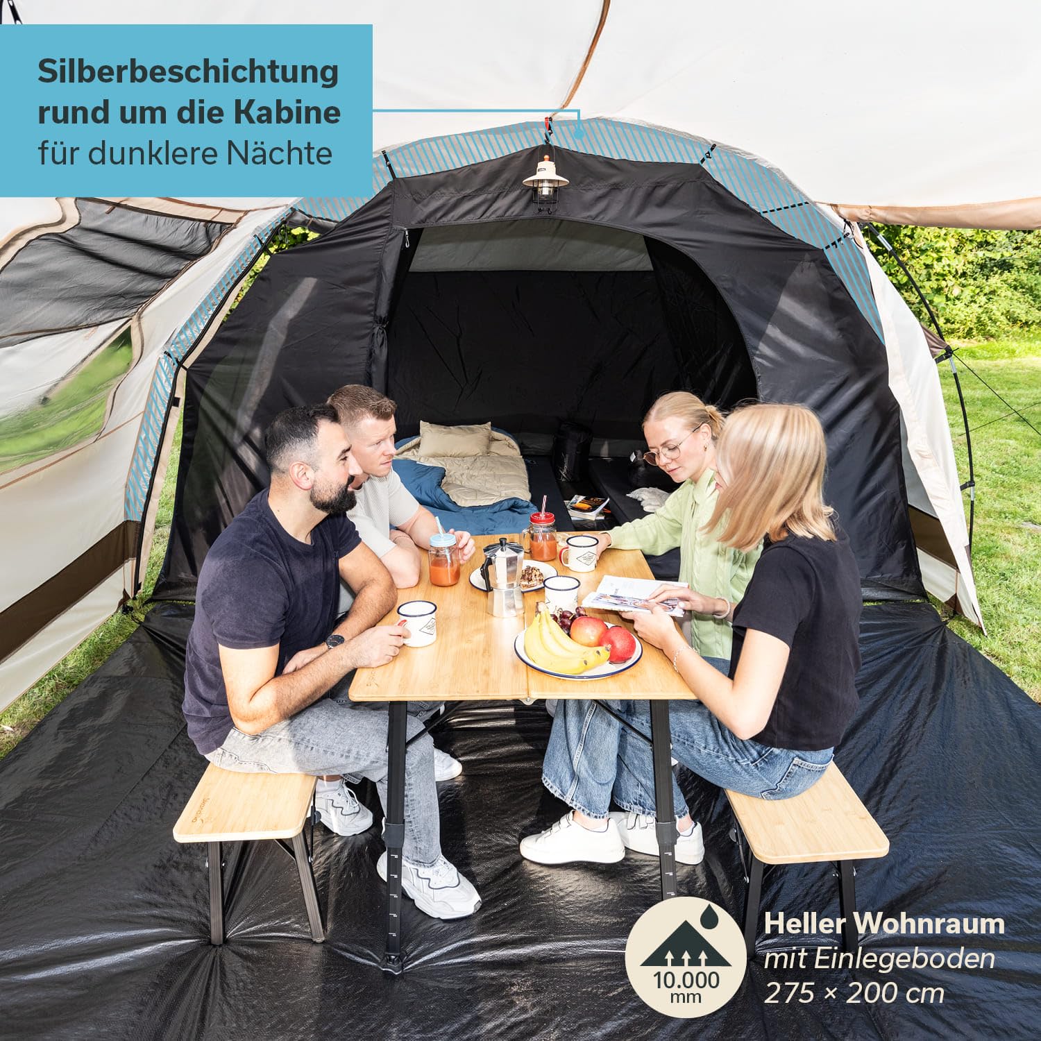Skandika Kambo Tunneltent voor 6-12 personen, waterdicht 3000 mm, 3 ingangen, zonnezeil, voortent, donkere slaapcabine
