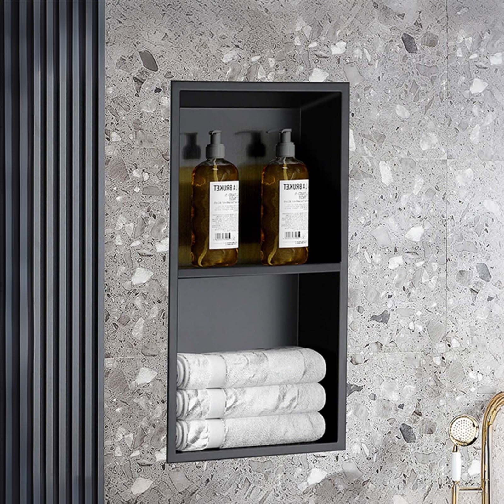 Yopappol Black Shower Niche Waterproof Caddy Shelf Organizer with Drainage Wall Insert Shower Storage Recess for Bathroom Living