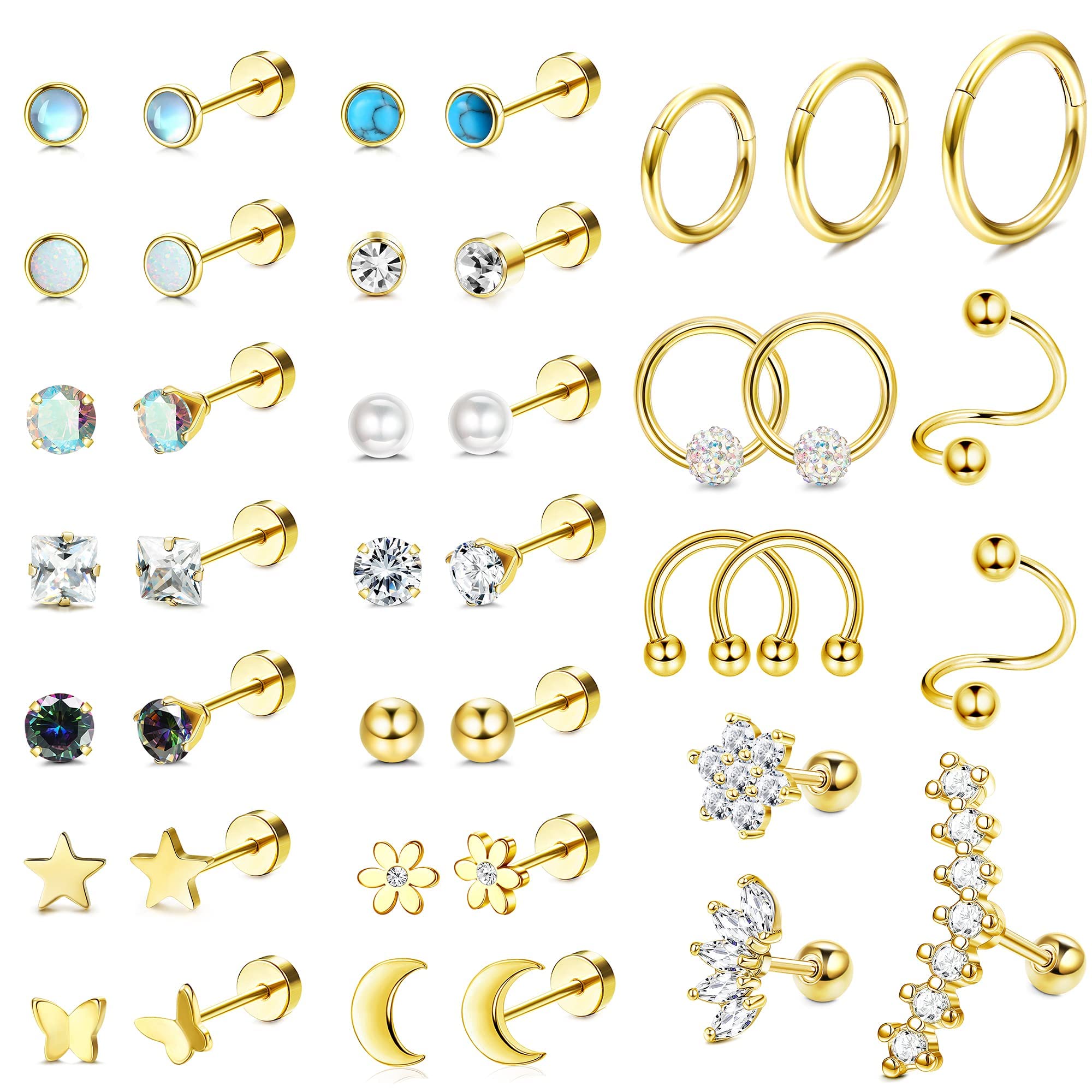 MILACOLATO 20G Pendientes Pequeños Para Mujer Hombre Acero Quirúrgico Zirconia Ópalo Luna Corazón Estrella Cartílago Pendientes Aros Plata Oro Septum Helix Daith Tragus Piercing Oreja Joyería 38/40Pcs