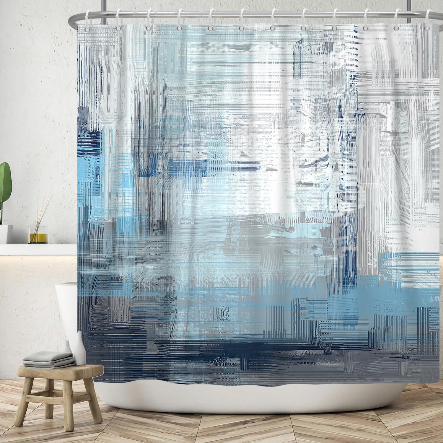 ASDCXZ Shower Curtain 240x180 cm, Modern Abstract White Grey Blue Art Graffiti Bath Washable Shower Curtains Polyester Textile Waterproof Bath Curtain for Bathtub with 12 Hooks