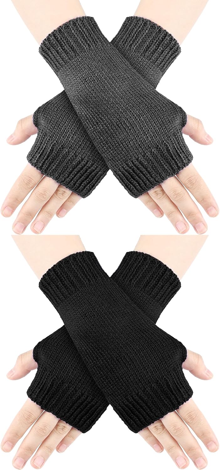 Blulu 2 Pair Fingerless Gloves Wrist Soft Knitted Flexible Typing Driving Gloves for Women Men in Common Size