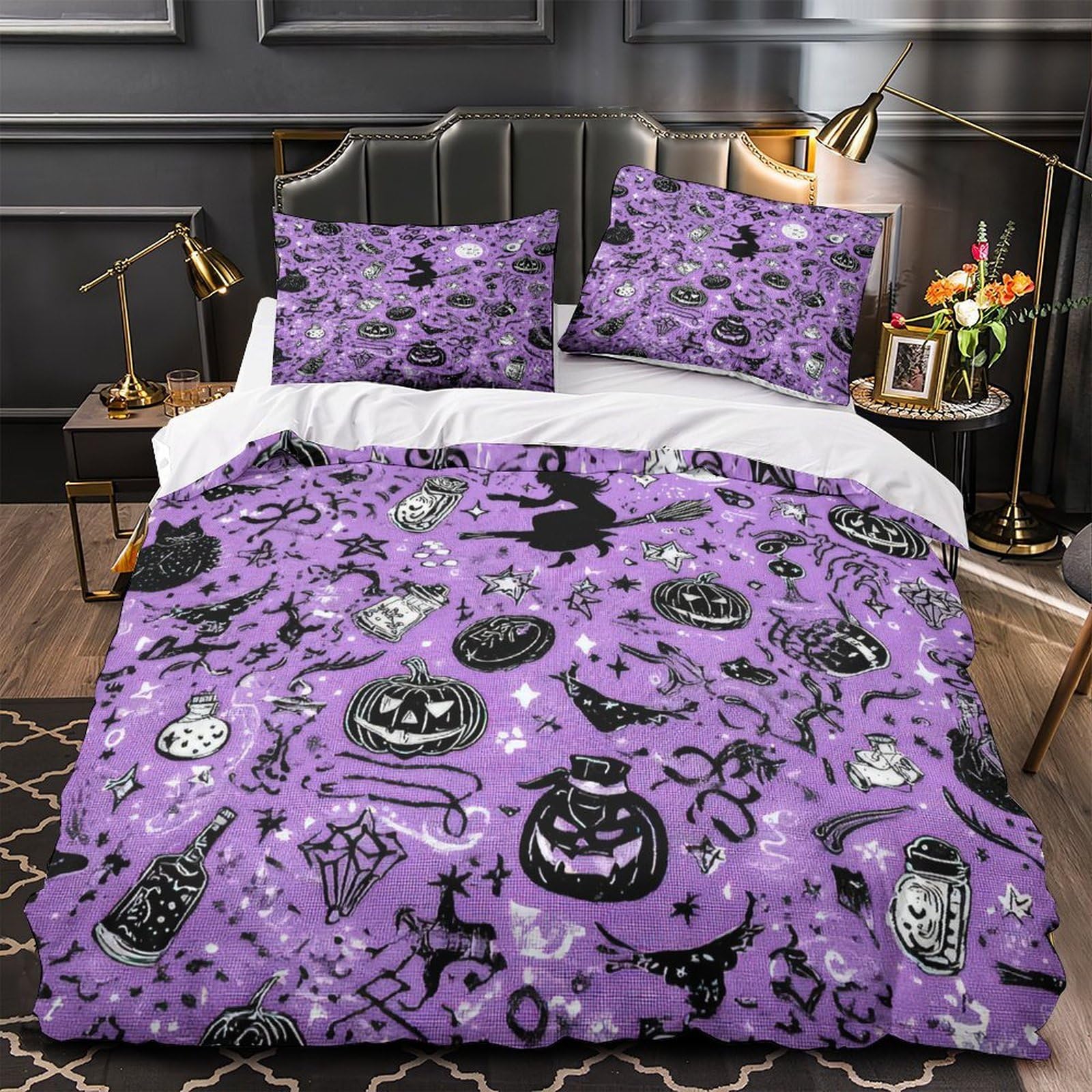 Halloween Decor Duvet Cover 3D Design Printed Anti-allergic 3 Pieces Bedding Set Zipper spooky Witch Comforter Cover Hotel Quality Breathable for Adults Kids Women Teens Youth Double（200x200cm）