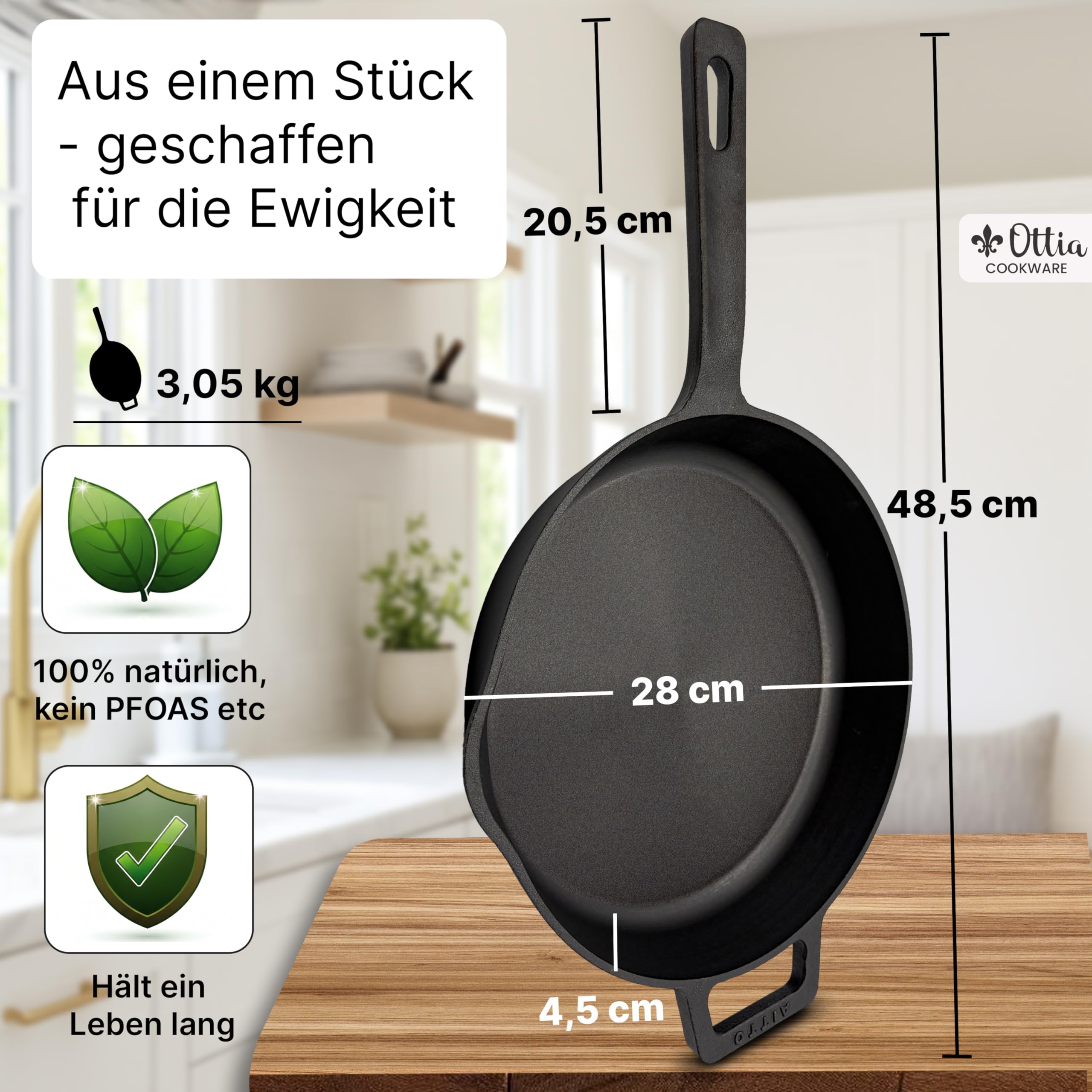 Ottia reine Gusseisenpfanne Induktion 28cm (ungeschliffen), mit eKochbuch, Pfannenwender, waschbarem Hitzeschutz, Gusseisen, Eisenpfanne, Cast Iron Pan, Händler aus Hamburg