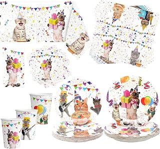 Cat Party Supplies Set - Kitten Party Disposable Dinnerware, Cat Party Plates, Cups, Napkins, Pet Cat Party Tablecover for Kids Cat Birthday Party Decorations, Serves 20 (20)