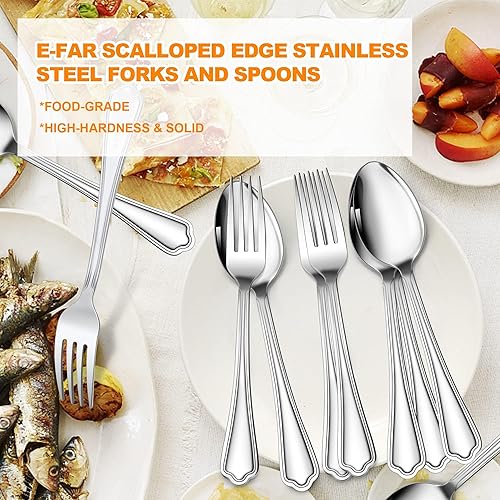 Miniatura 7 de E-far - Juego de 16 cucharas y tenedores de acero inoxidable festoneado, 8 tenedores y 8 cucharas de cena, cubiertos de metal modernos para cocina y