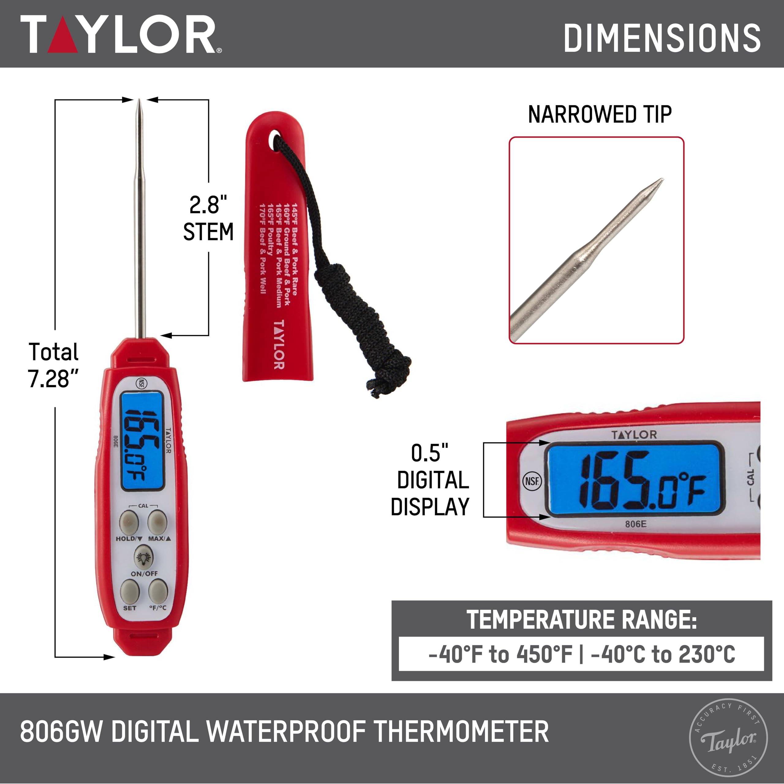 Taylor Precision Products 806GW cyfrowy termometr, stal nierdzewna, czerwony