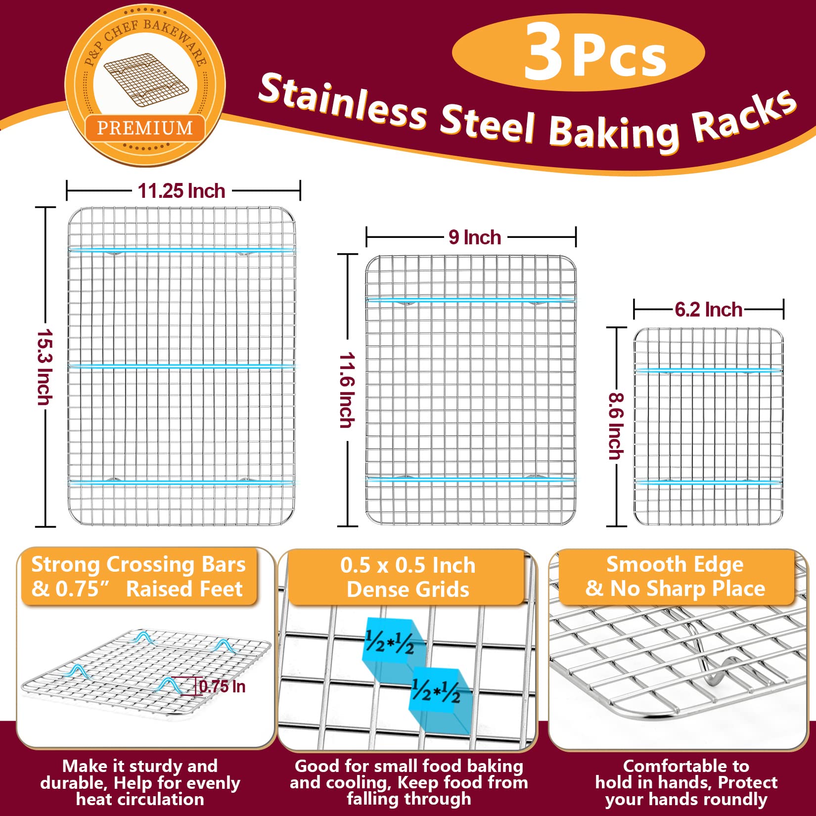 P&P CHEF Sartenes para hornear con estantes (6, 16 + 12.5 + 9 pulgadas)
