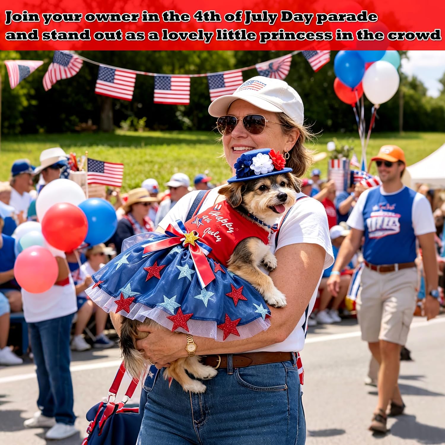 2Pcs 4th of July Dog Dress, Pet Breathable Mesh Tutu, Cat Patriotic Outfit with Bowknot Star, Puppy Flowers Hat for Independence Day Parade, USA Flag Day Costume for Cats and Dogs (Medium)