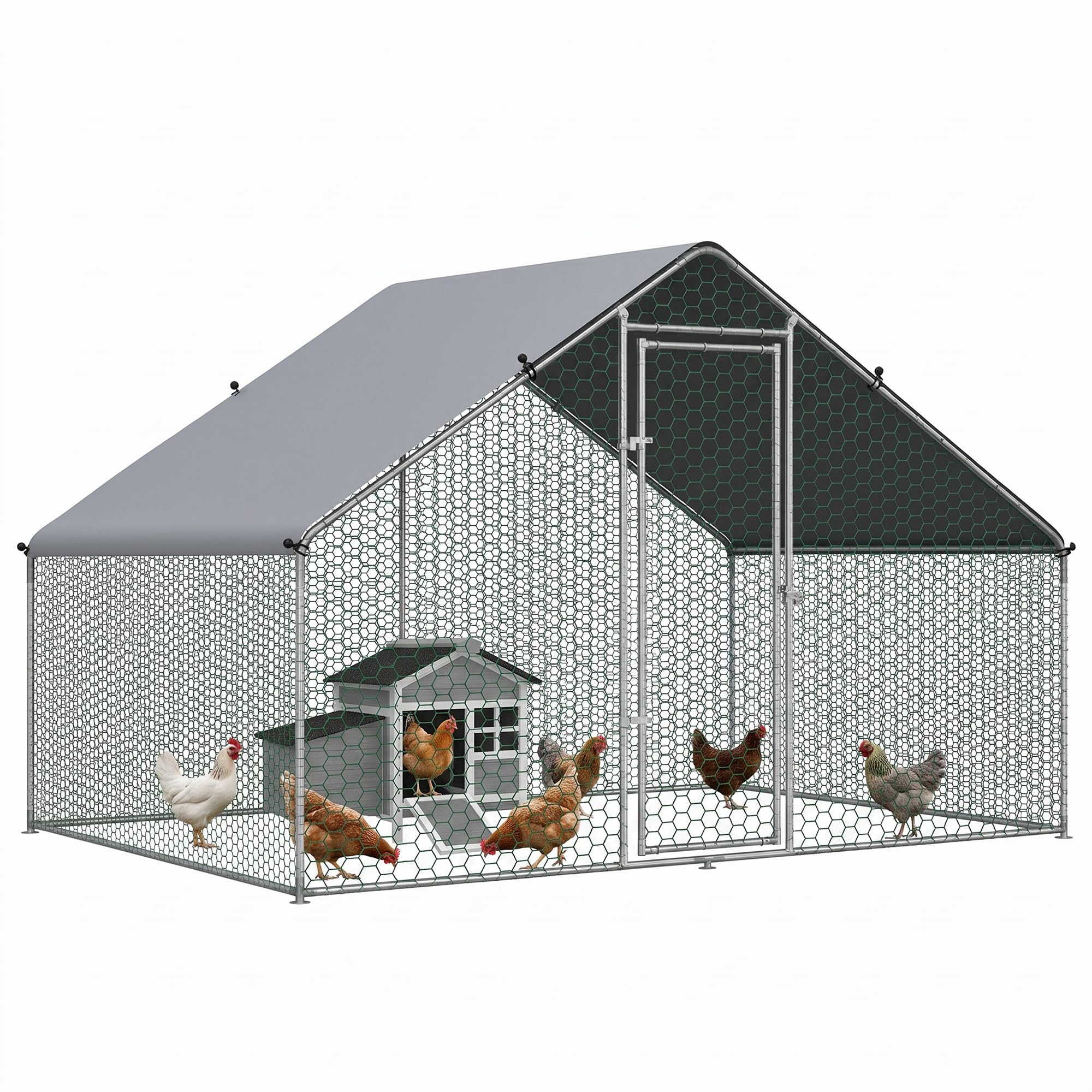 PawHut Enclos pour Poules XXL 6 m² - Grand Parcours Extérieur en Acier Galvanisé 3x2x2m - Volière de Jardin Anti-Renard avec Bâche de Toit pour 4-6 Poules, Canards ou Lapins, Gris