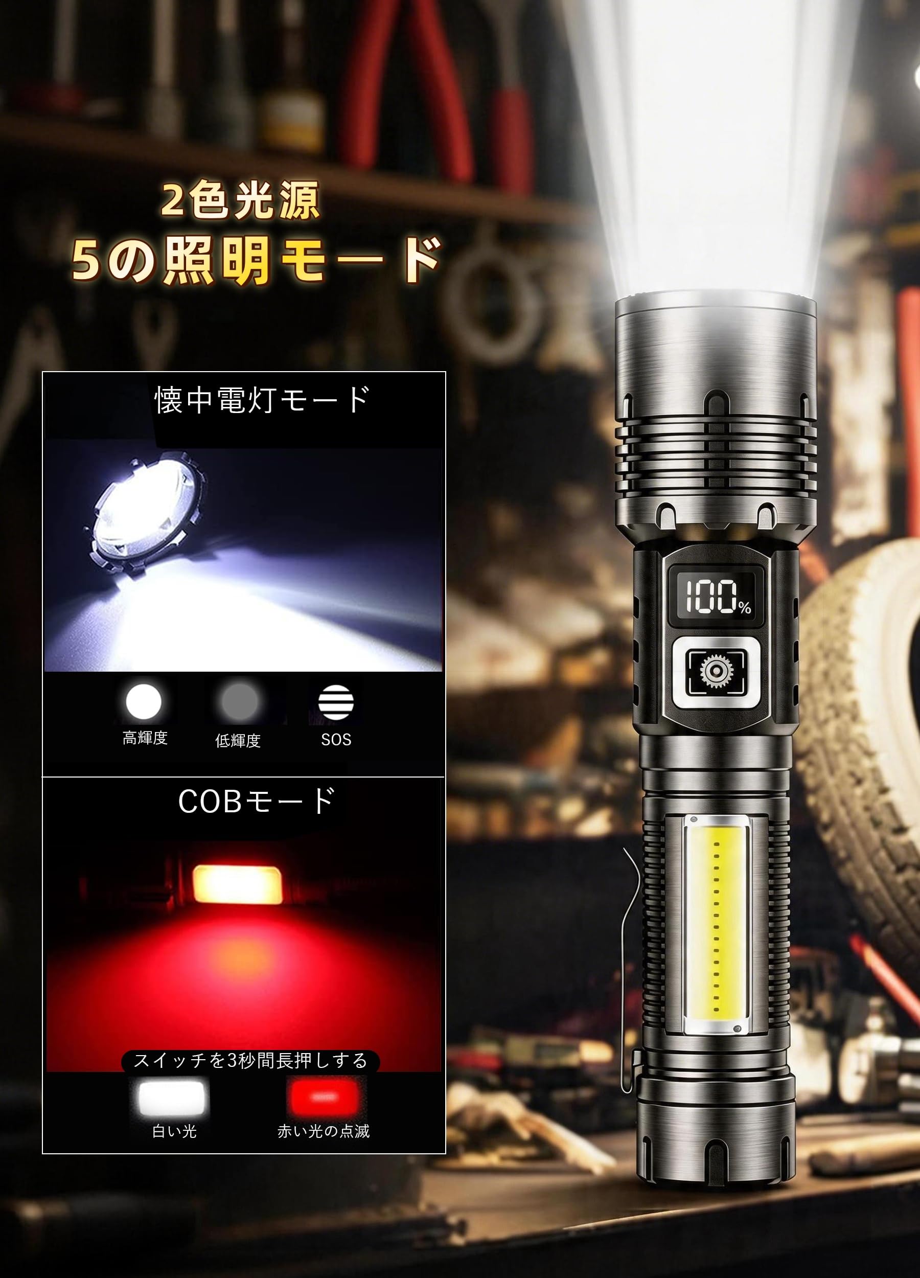 値下げ‼️ハイパワーLEDライト Amazon.co.jp: 懐中電灯 【新型の独占アップグレード・両側COBライト