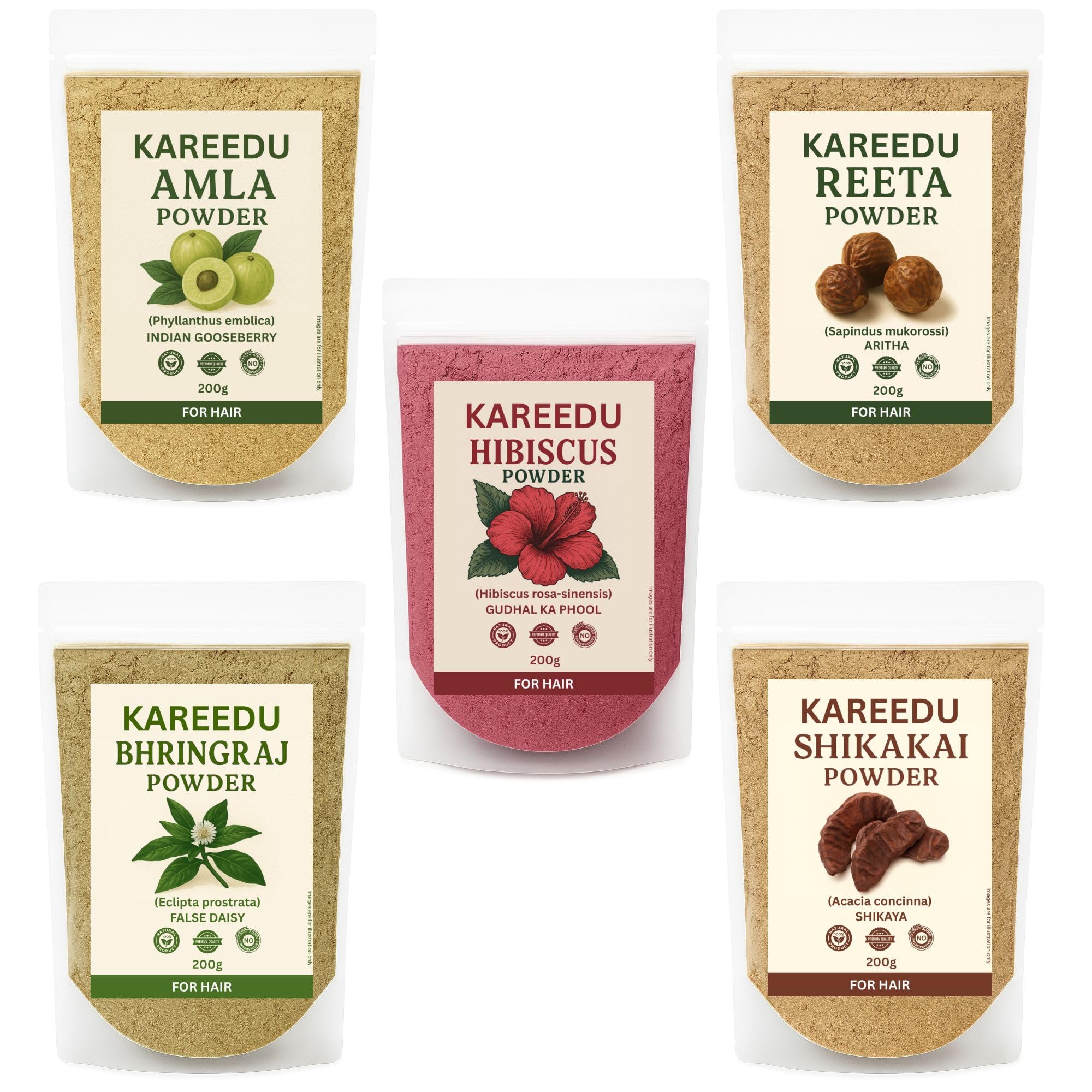 Amla Reetha Shikakai Bhringraj and Hibiscus Powder for Hair (Pack of 5) (200g each, Total 1000g Pack)