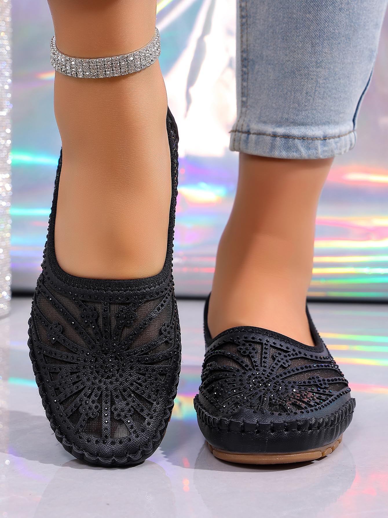 Damen-Slipper mit Strasssteinen, ausgehöhlt, atmungsaktiv, flach | Damen-Slipper mit Blumenmuster, atmungsaktiv, flach, stilvoll und leicht, orthopädische Lederschuhe, elegante Wanderschuhe