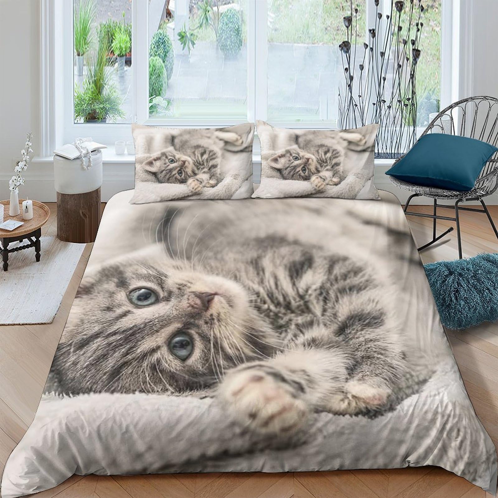 GPLZQXKJNH 3D Printed Grey Tabby Cat Duvet Cover Microfiber Soft Bedding Set with 2 Pillowcases for Bedroom Decor Single（135x200cm）