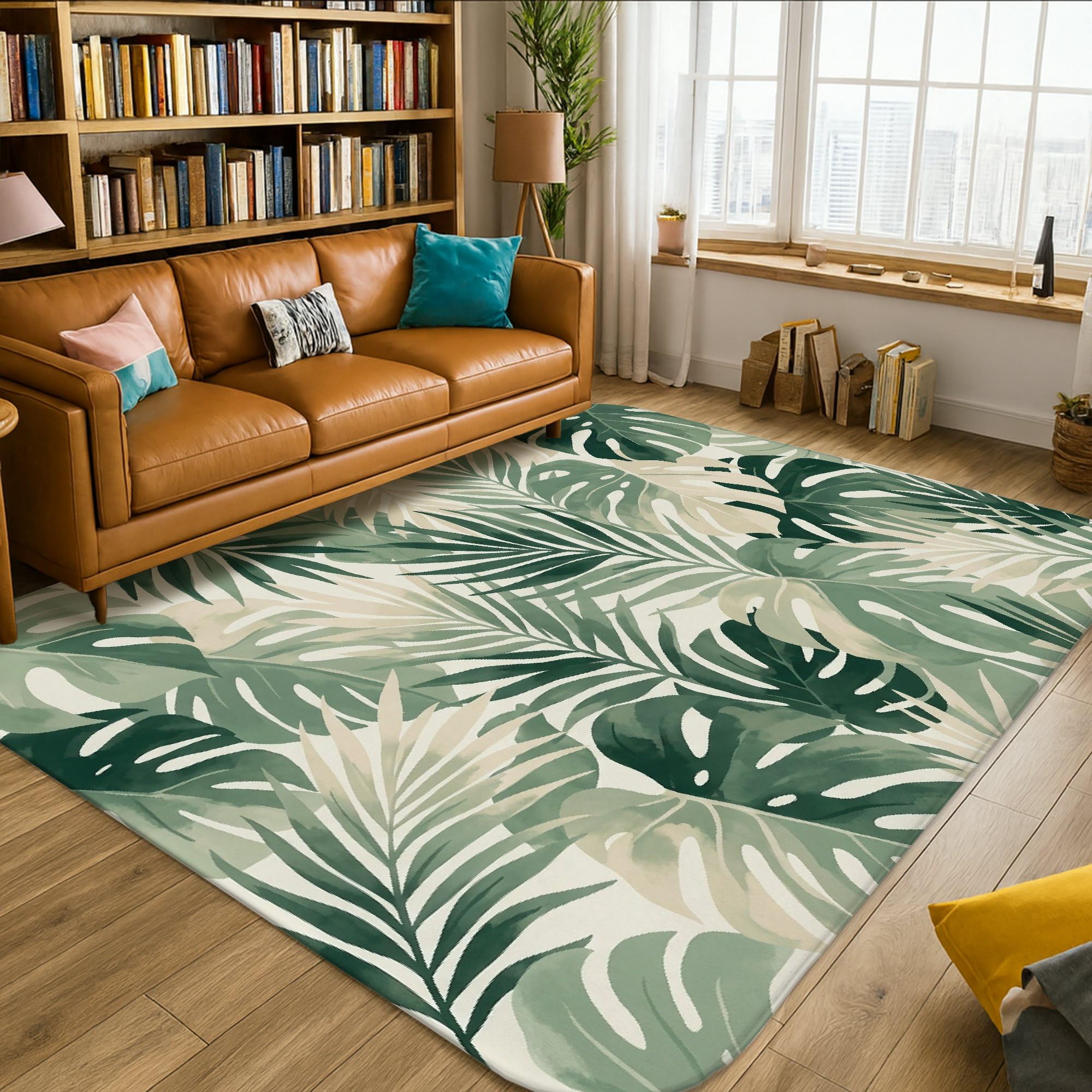 Alfombra de área de hojas, palmeras naturales tropicales, follaje verde de verano, esponja de pelo bajo, suave, rectangular, resistente a las manchas, para sala de estar, dormitorio, cocina, pasillo