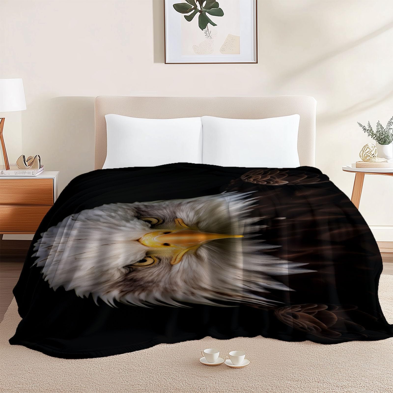 Koc polarowy 200 x 220 cm nowoczesna fotografia biała sowa, czarny flanelowy koc polarowy dla 2 osób, z nadrukiem, miękki i ciepły na sofę