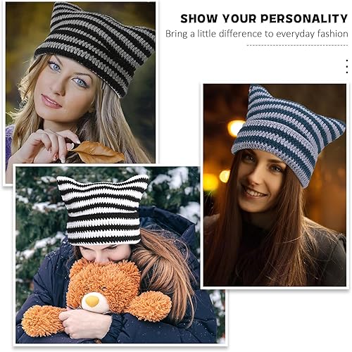 Miniatura 6 de Gorro de invierno cálido para mujer, gorro de punto suave para mujer, gorro de gato para mujer, gorro de zorro para mujer, gorros holgados para mujer