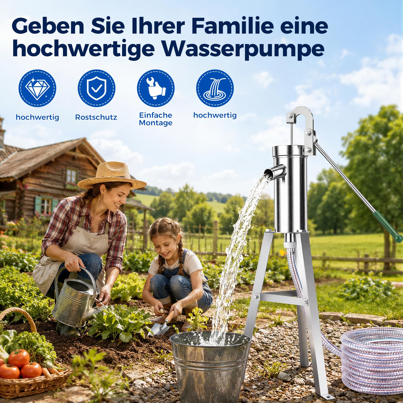 Schwengelpumpe Set, Schwengelpumpe Komplett Set mit 58 cm Ständer & 5 m Schlauch, Handpumpe Wasserpumpe Gartenpumpe Edelstahl Haushalt Grundwasserpumpe Brunnen für Gartenhof Hof und Bauernhof