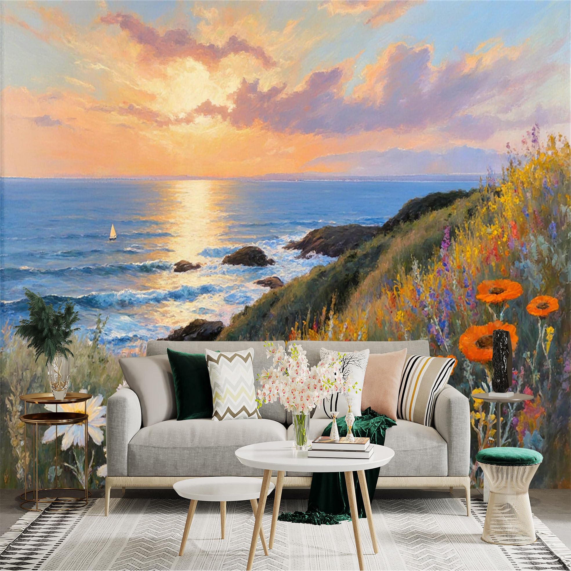 Custom Size Wall Sticker Mural， Coastal Sunset with Sailboat， Wildflowers and Ocean View， for wall Decoration， peelandstick wall Decals.