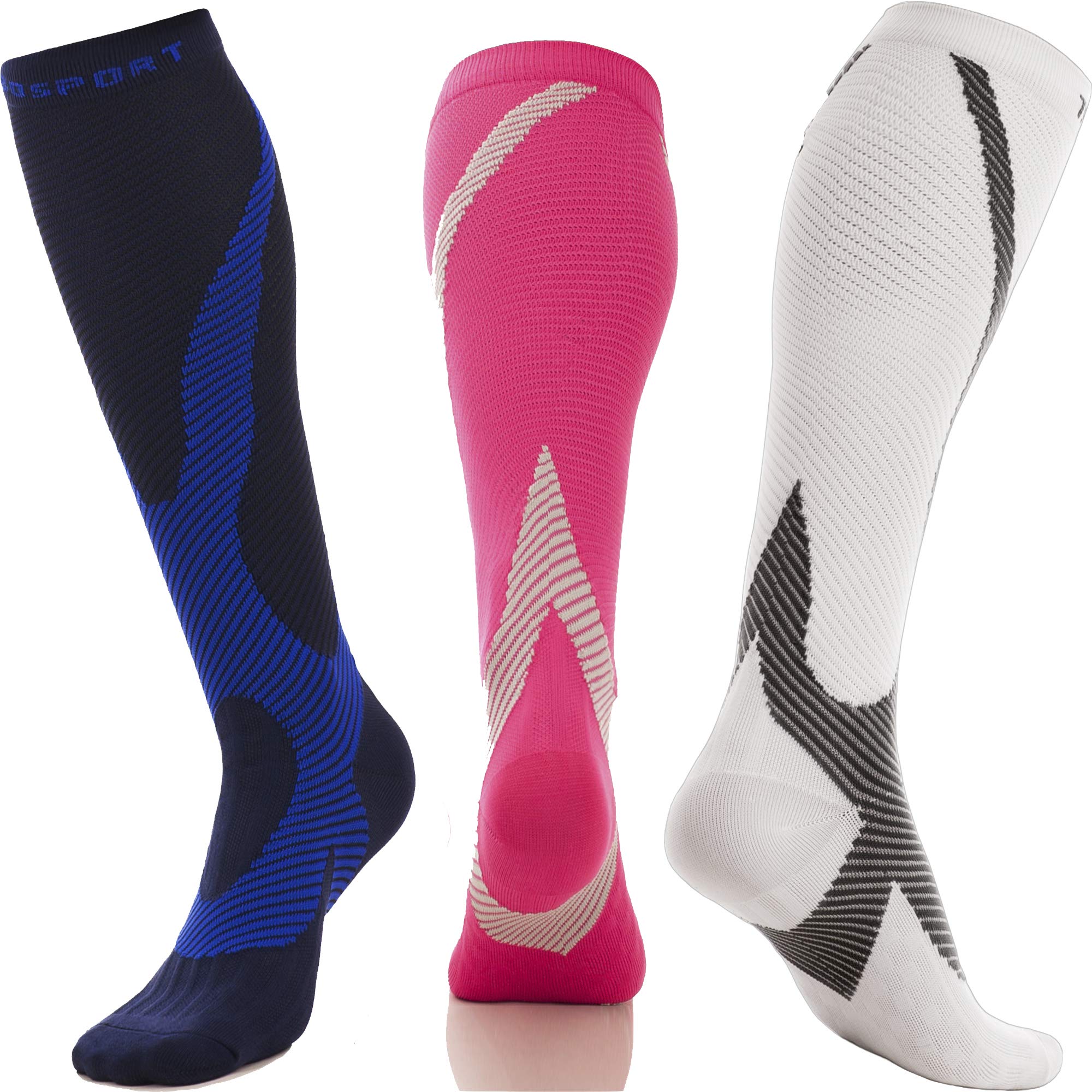 TeBoSport Compression Socks for Shin Splints, Running, Flight, Travel for Men and Women (White, S/M (Women 6.5-10.5 / Men 6-9.5) PAIR)