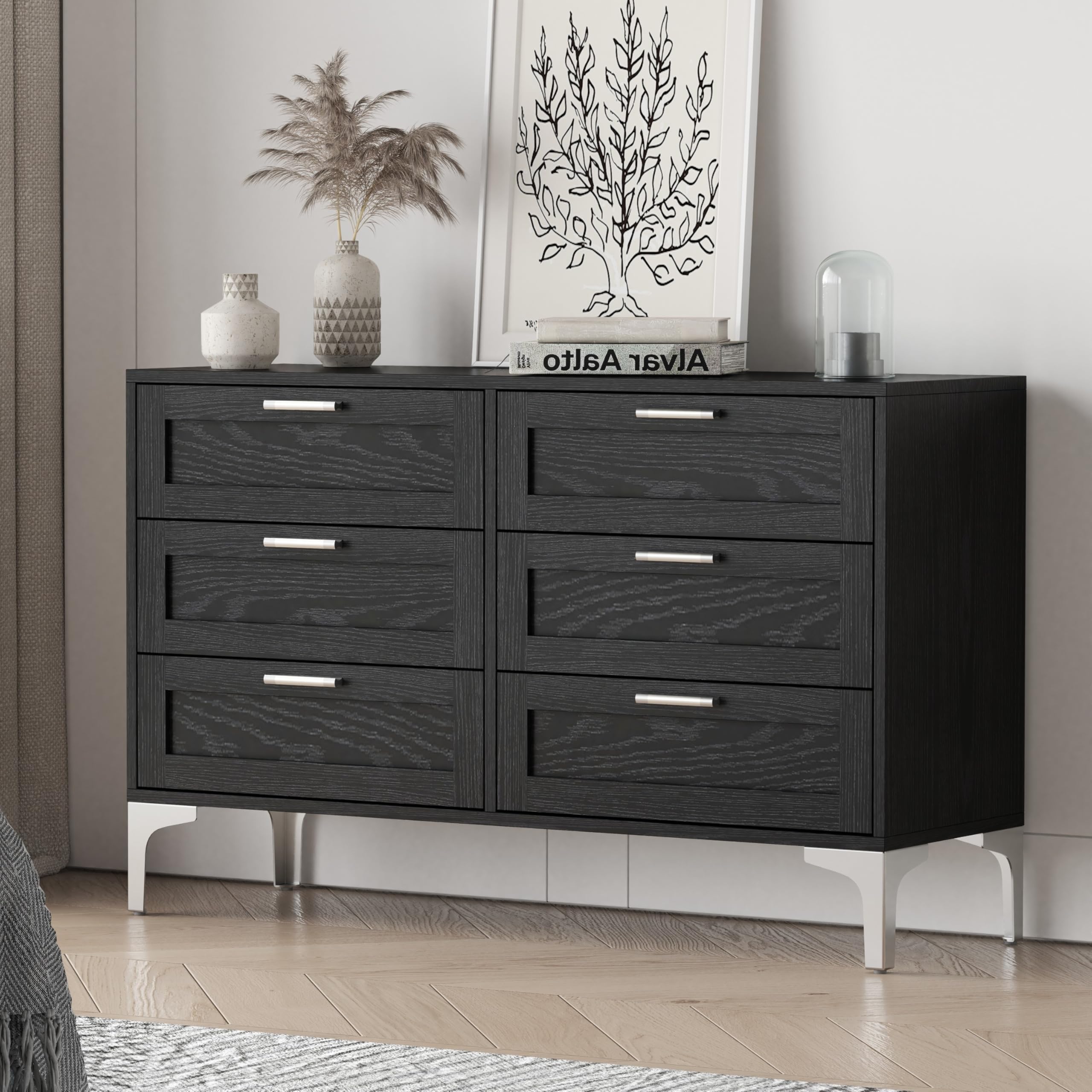 WiberWi Dresser for Bedroom 6 Drawer Wood Dresser 47.2" Wide, Large Chest of Drawers for Bedroom, Living Room, Hallway, Entryway, Modern TV Stand Drawer Organizer with Polished Silver Legs, Black