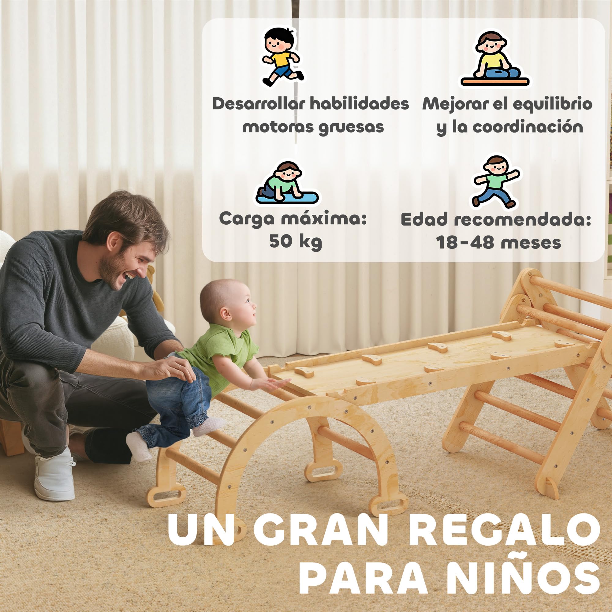 AIYAPLAY 7 en 1 Triángulo de Escalada Montessori con Arco y Rampa, Escalada para Niños de Madera Plegable, para 18-48 Meses, para Deslizarse o Escalar, 188x70 cm, Natural