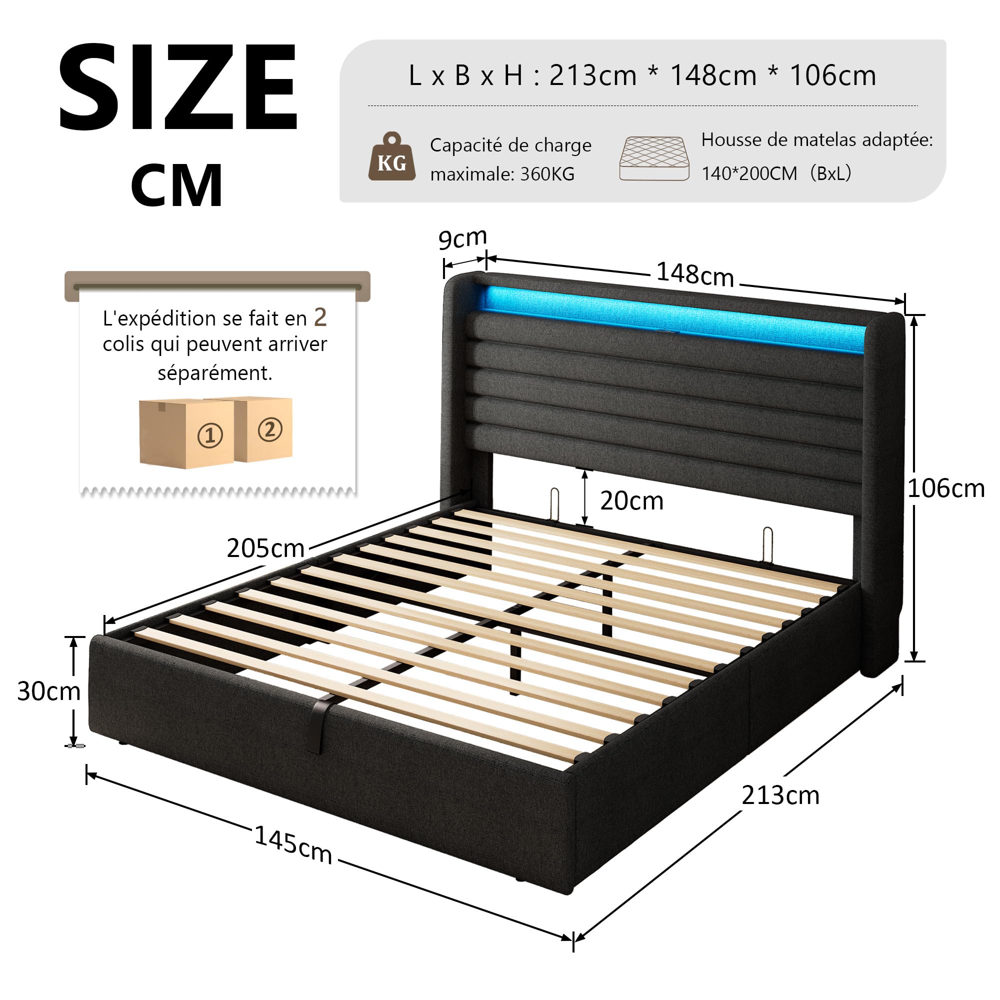 Feonase Lit 140 x 200 cm avec Espace de Rangement, rembourré, 140 x 200 cm, avec Espace de Rangement hydraulique et en Lin, Cadre de lit avec sommier à Lattes, sans Matelas, Gris foncé