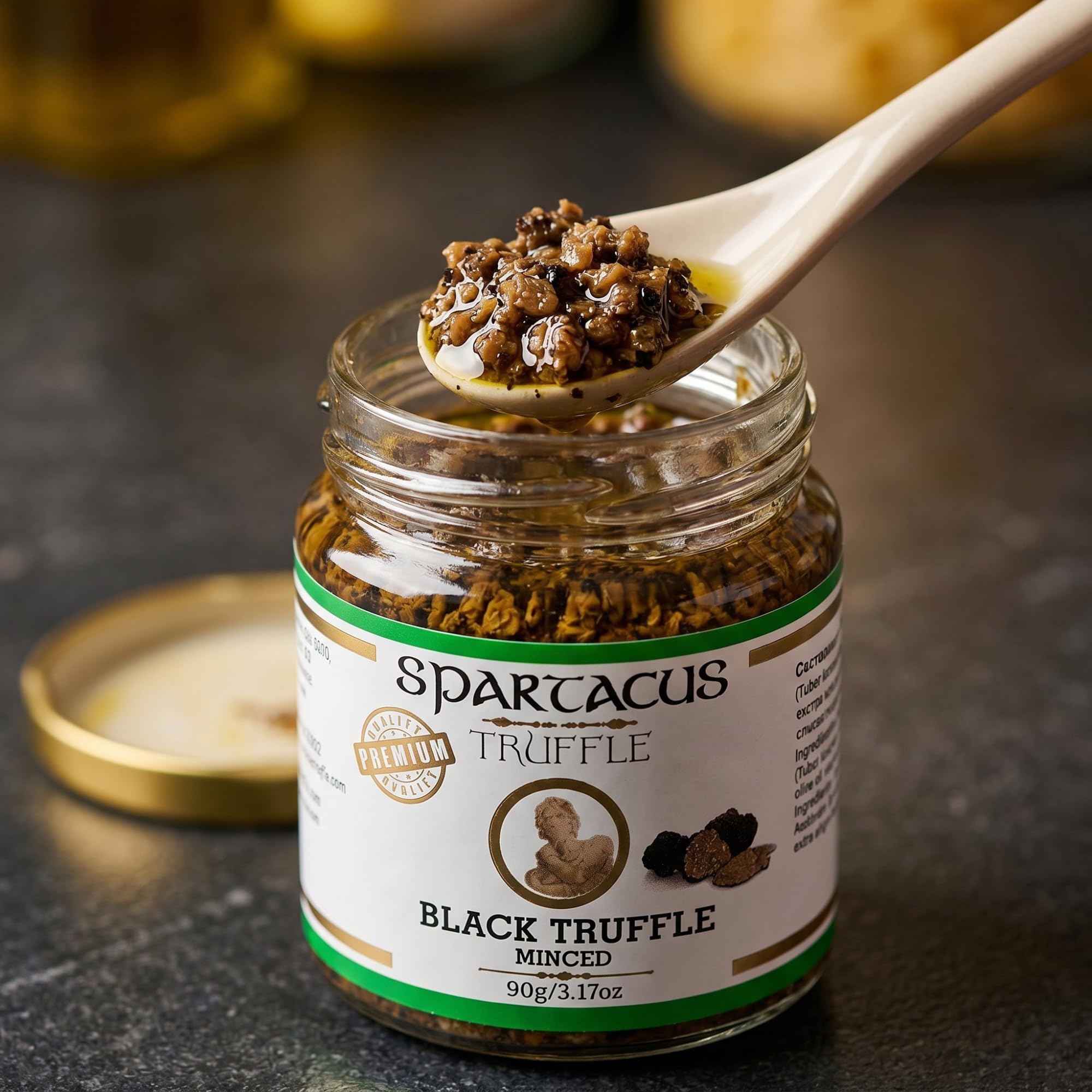 Spartacus Truffle Truffe Noire Hachée 90 g Gourmet Premium Bocal | Tuber aestivum récolté à la main, 3 ingrédients, sans additifs ni conservateurs, végétalien, sans gluten, 60-65 g de truffe