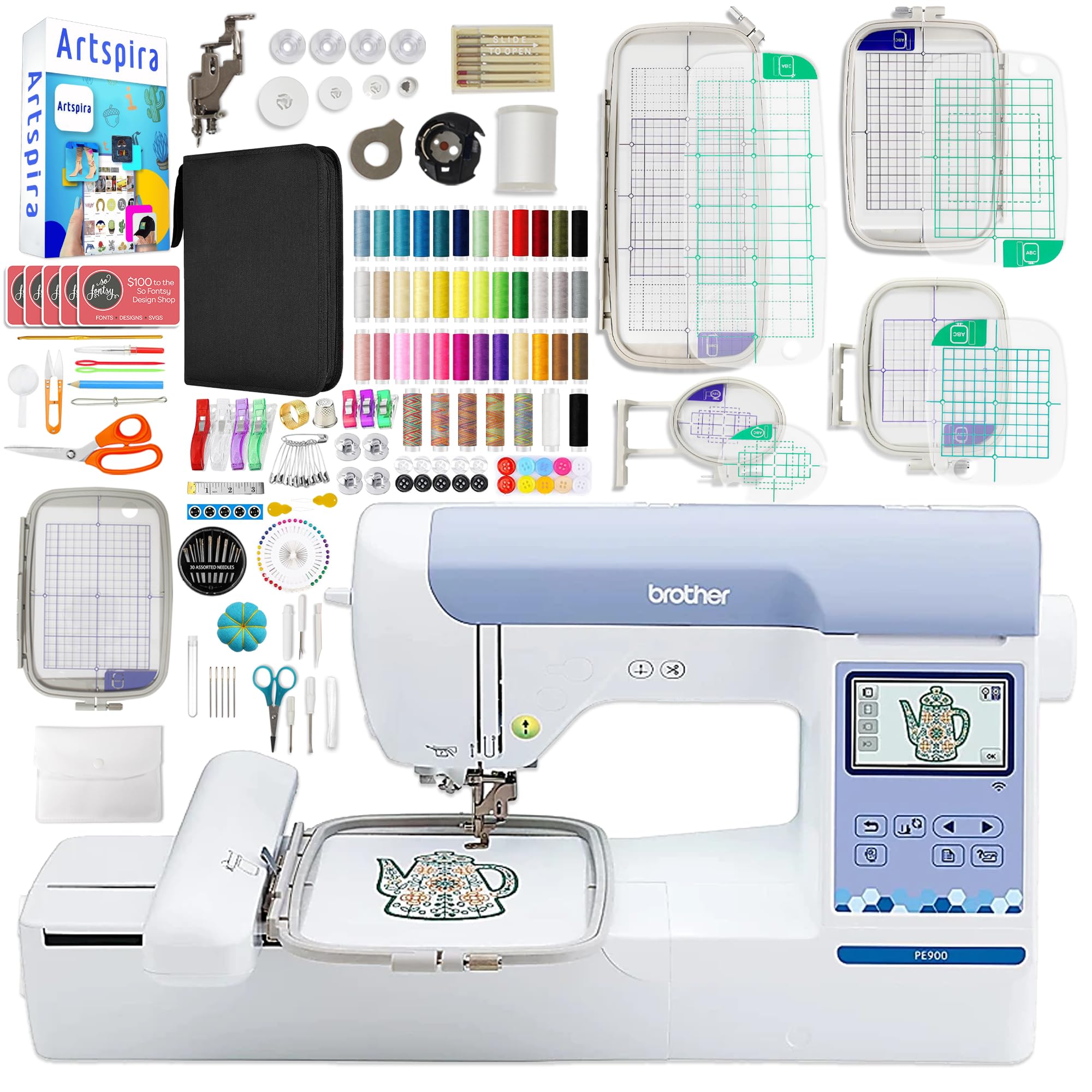 PE900 5" x 7" Embroidery Machine with 5 Piece Embroidery Hoop Bundle & 230+ Accessory Kit by Brother – 5" x 7", Plastic, White, Model BRTHR-PE900-BUNDLE-7